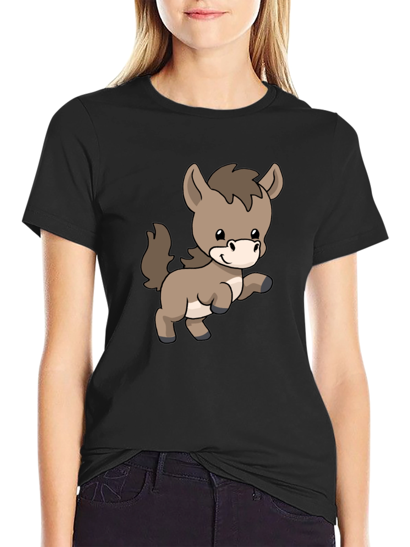 Black Cute Donkey Cartoon Black T-Shirt view 2