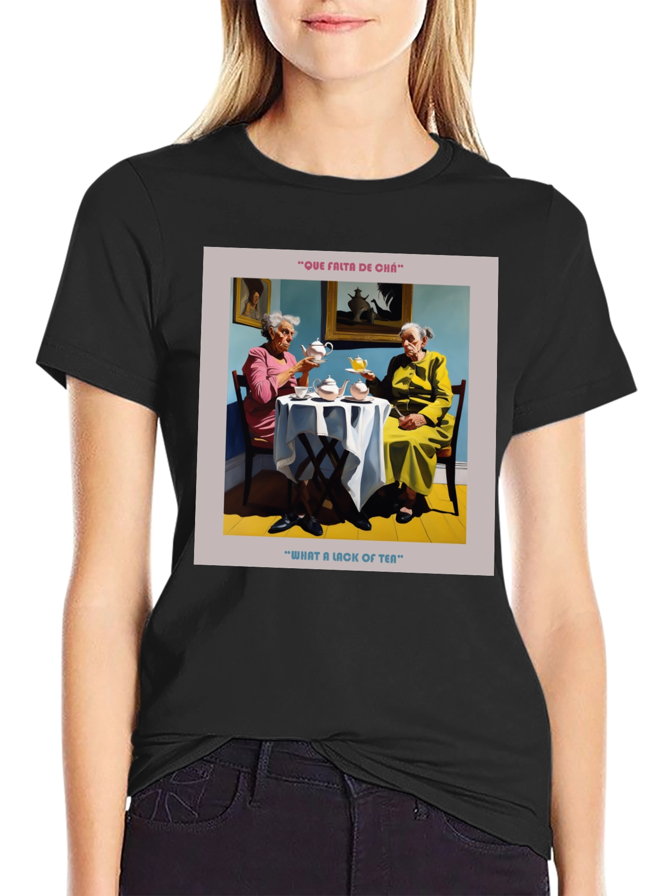 Black Humorous "What a Lack of Tea" Graphic T-Shirt view 2