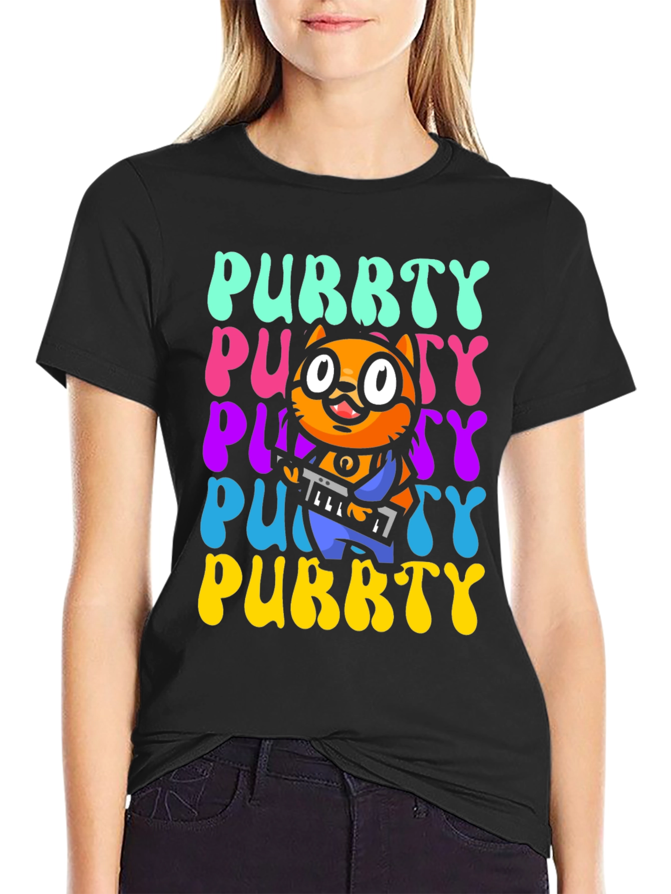 Black Purrty Cat Graphic Tee - Novelty Kitten Shirt view 2