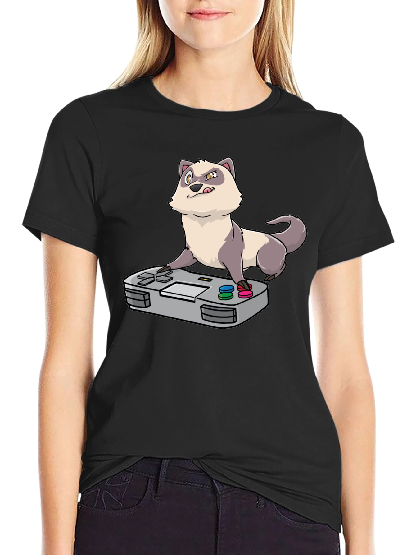 Black Funny Ferret Gamer Black T-Shirt view 2