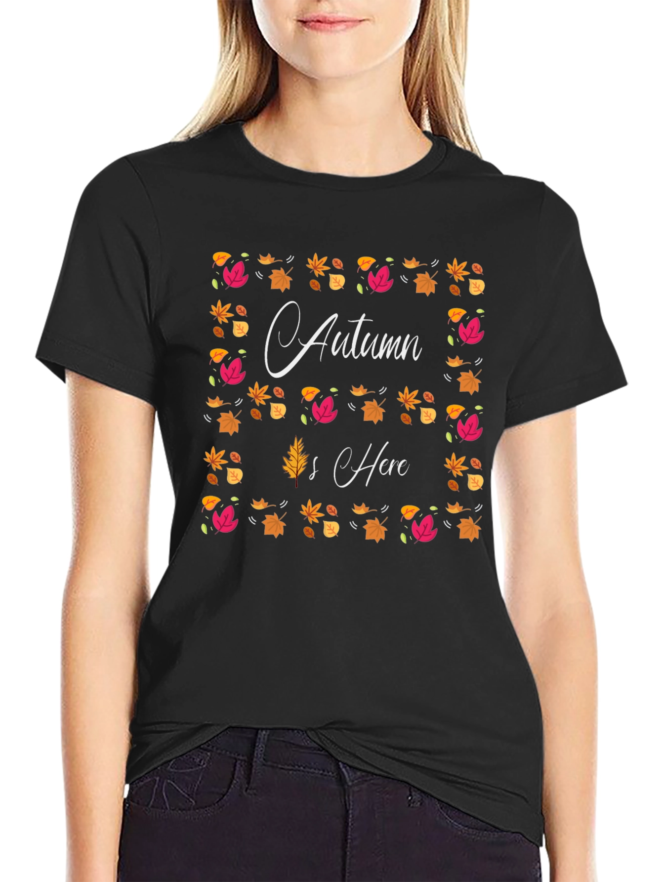 Black Autumn is Here T-Shirt, Fall Leaf Design view 2