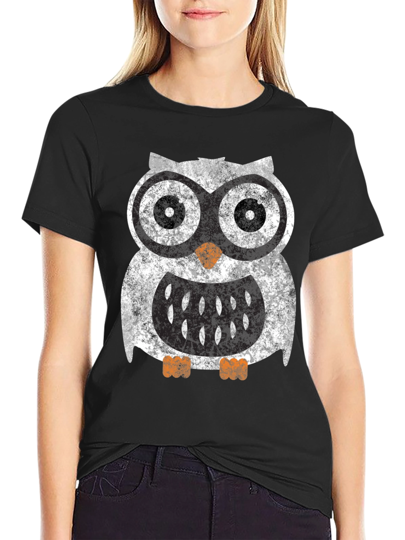Black Cool Owl Graphic Tee - Black Cotton Blend Shirt view 2