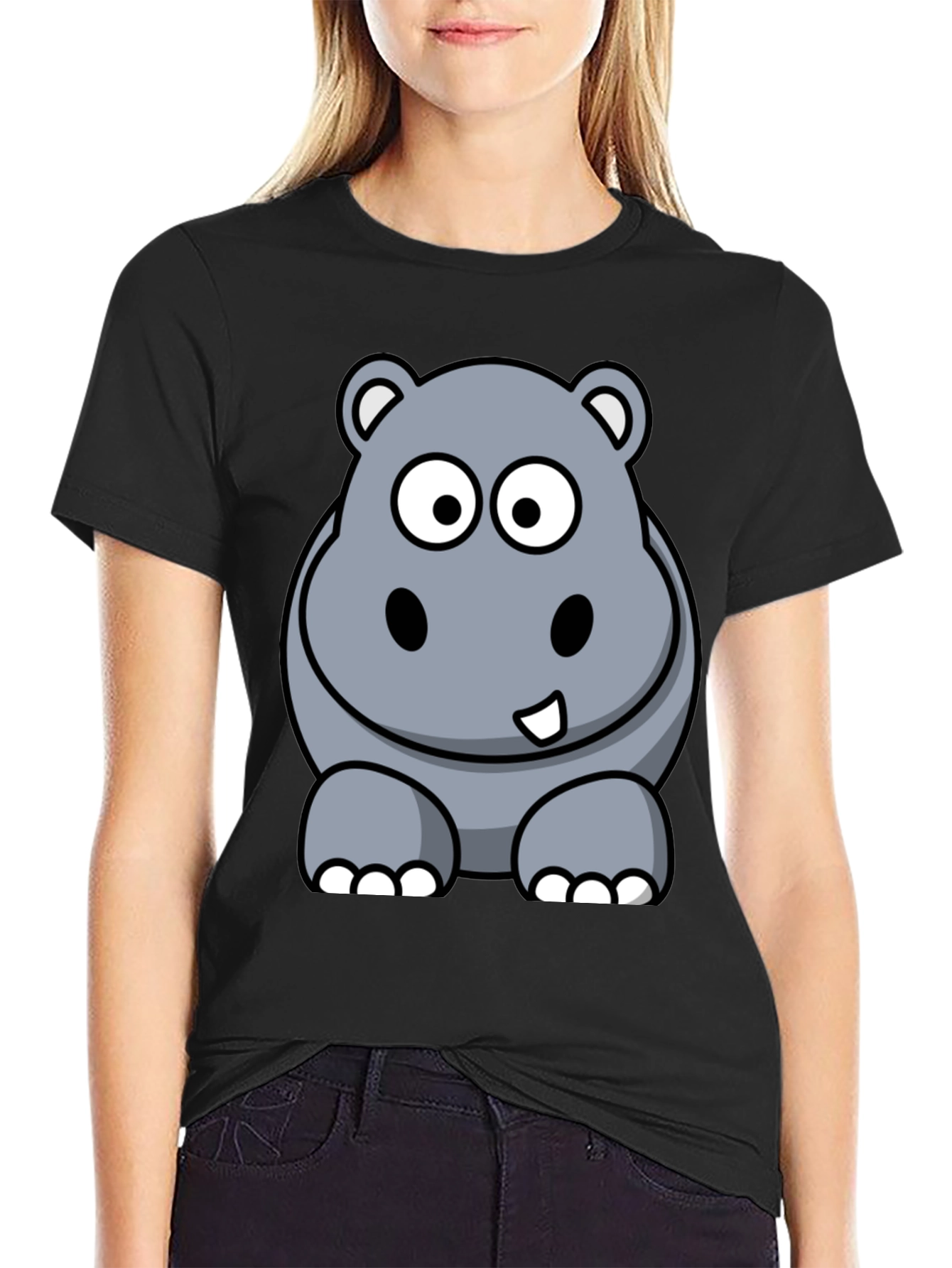 Black Cartoon Hippo Graphic Tee - Black Cotton T-Shirt view 2