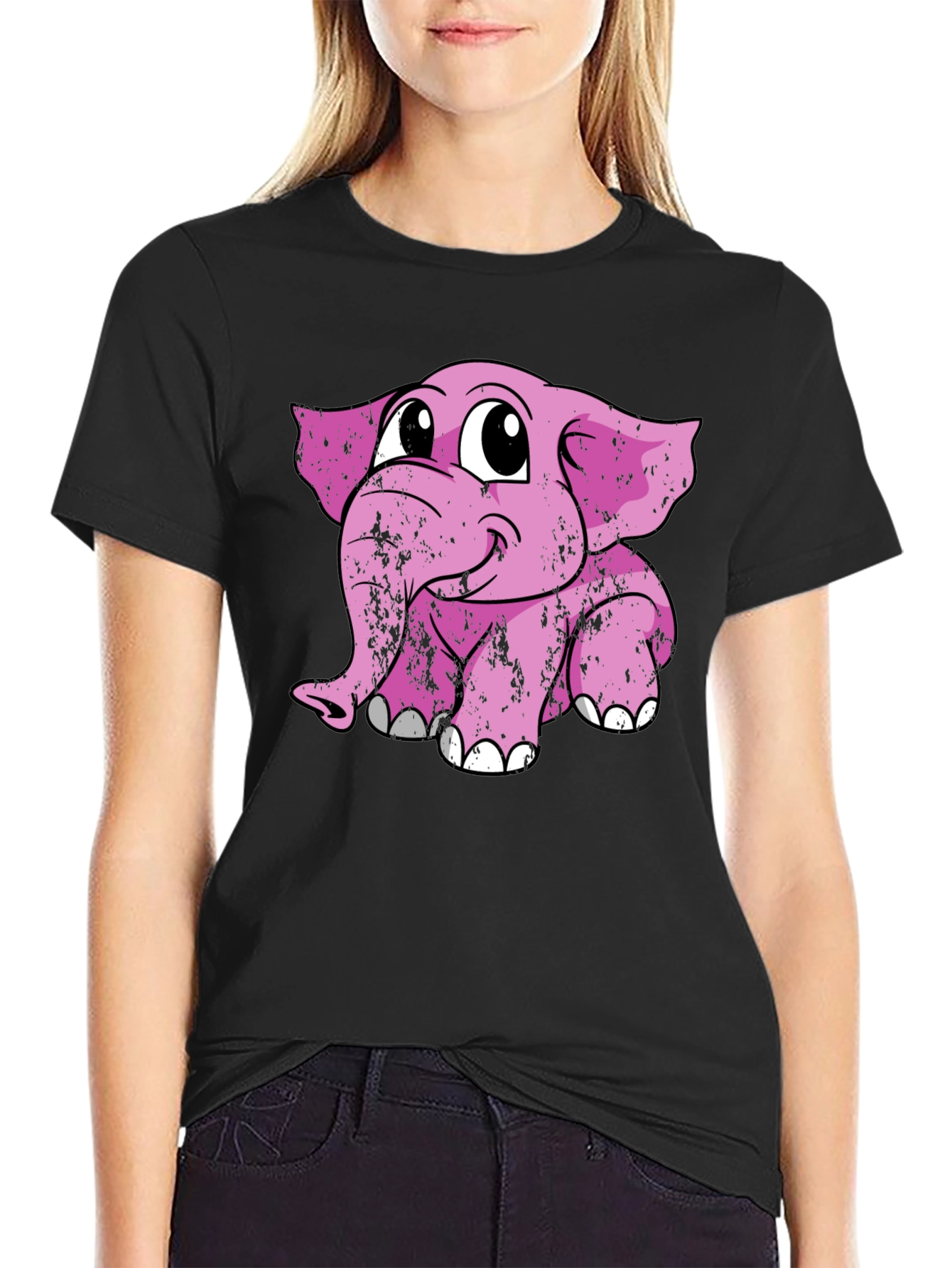 Black Cute Pink Elephant Graphic Tee - Soft Cotton Blend view 2
