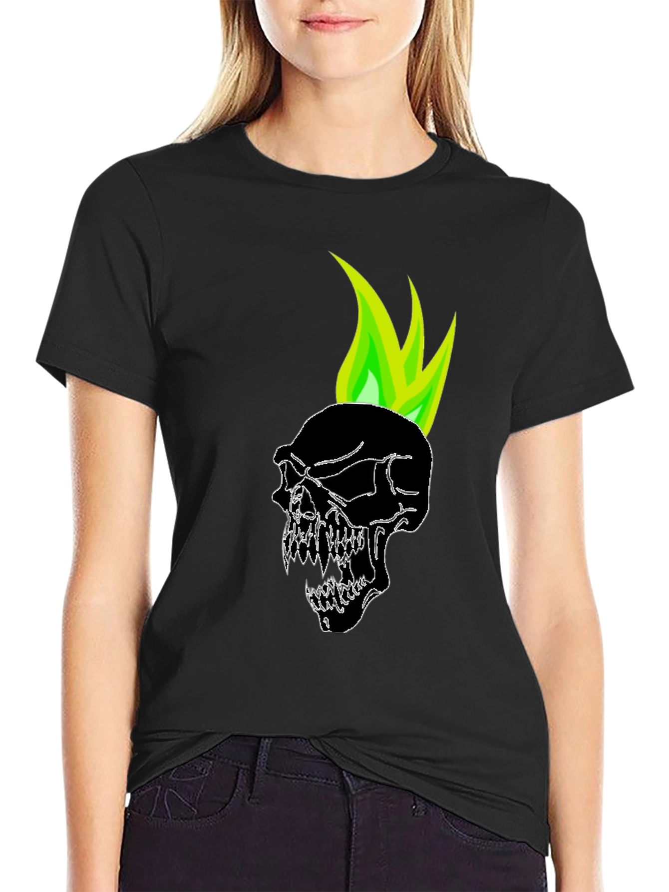 Black Skull with Green Flame Graphic Tee view 2