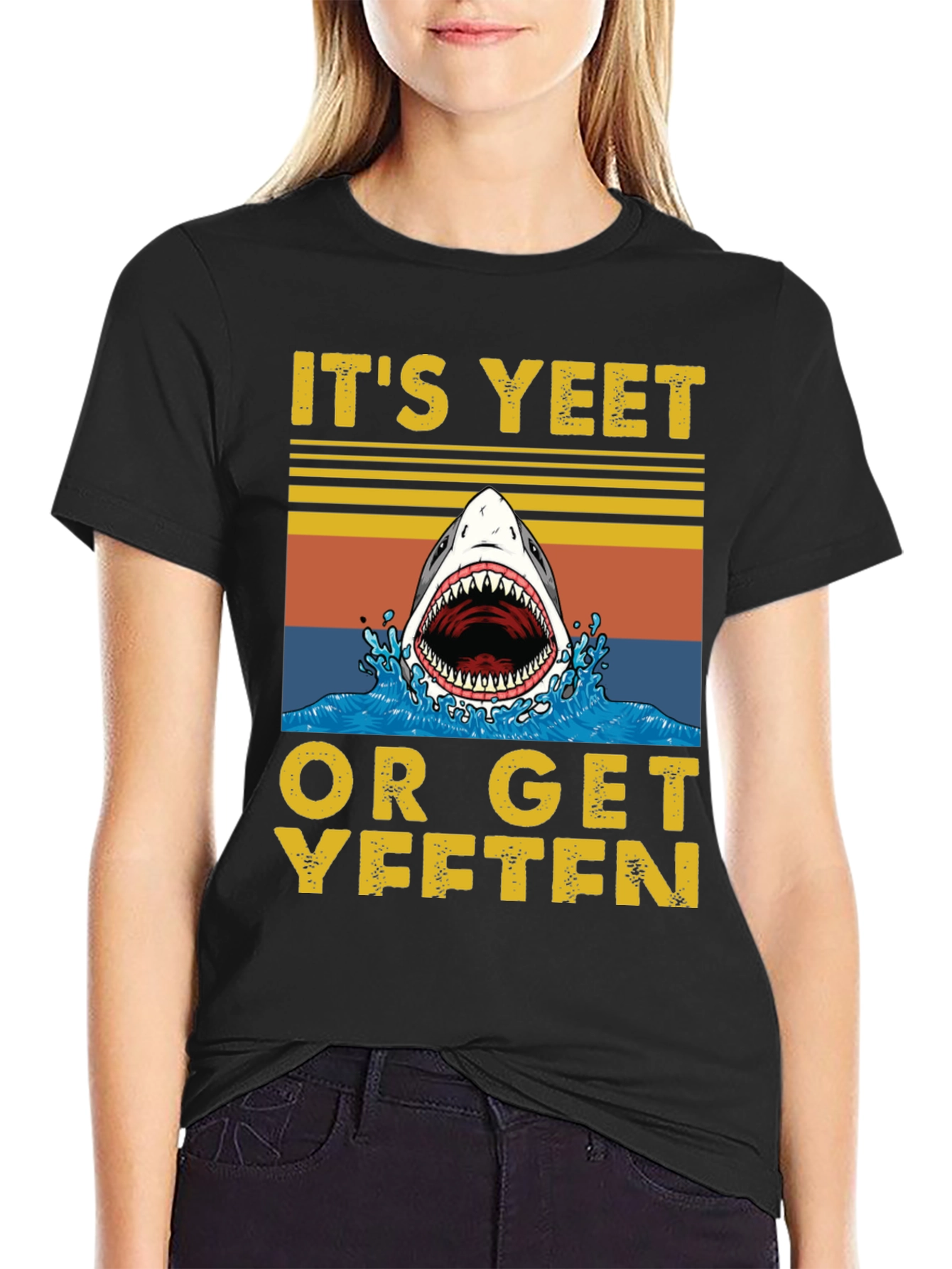 Black It's Yeet or Get Yeeten Shark Graphic Tee view 2