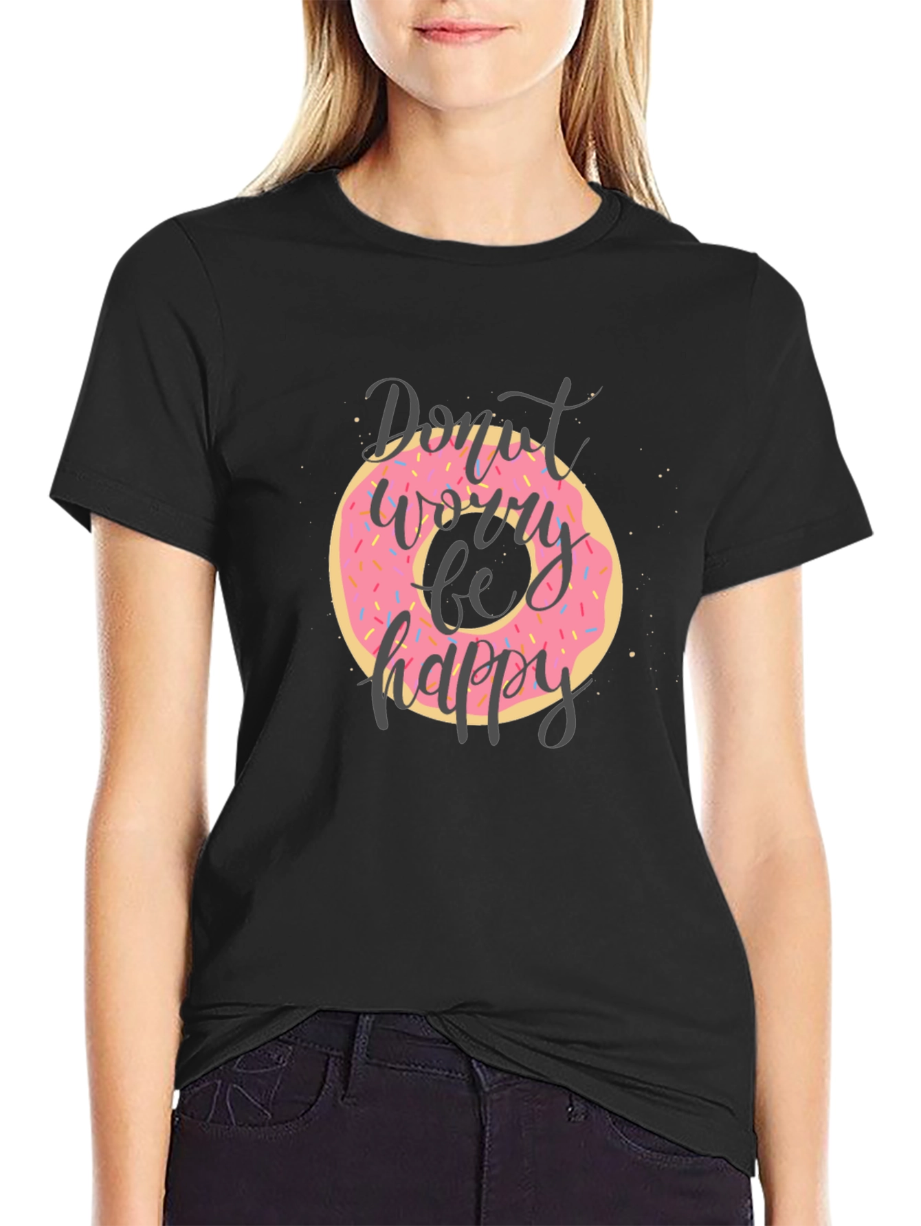 Black Donut Worry Be Happy T-Shirt - Trendy Graphic Tee view 2
