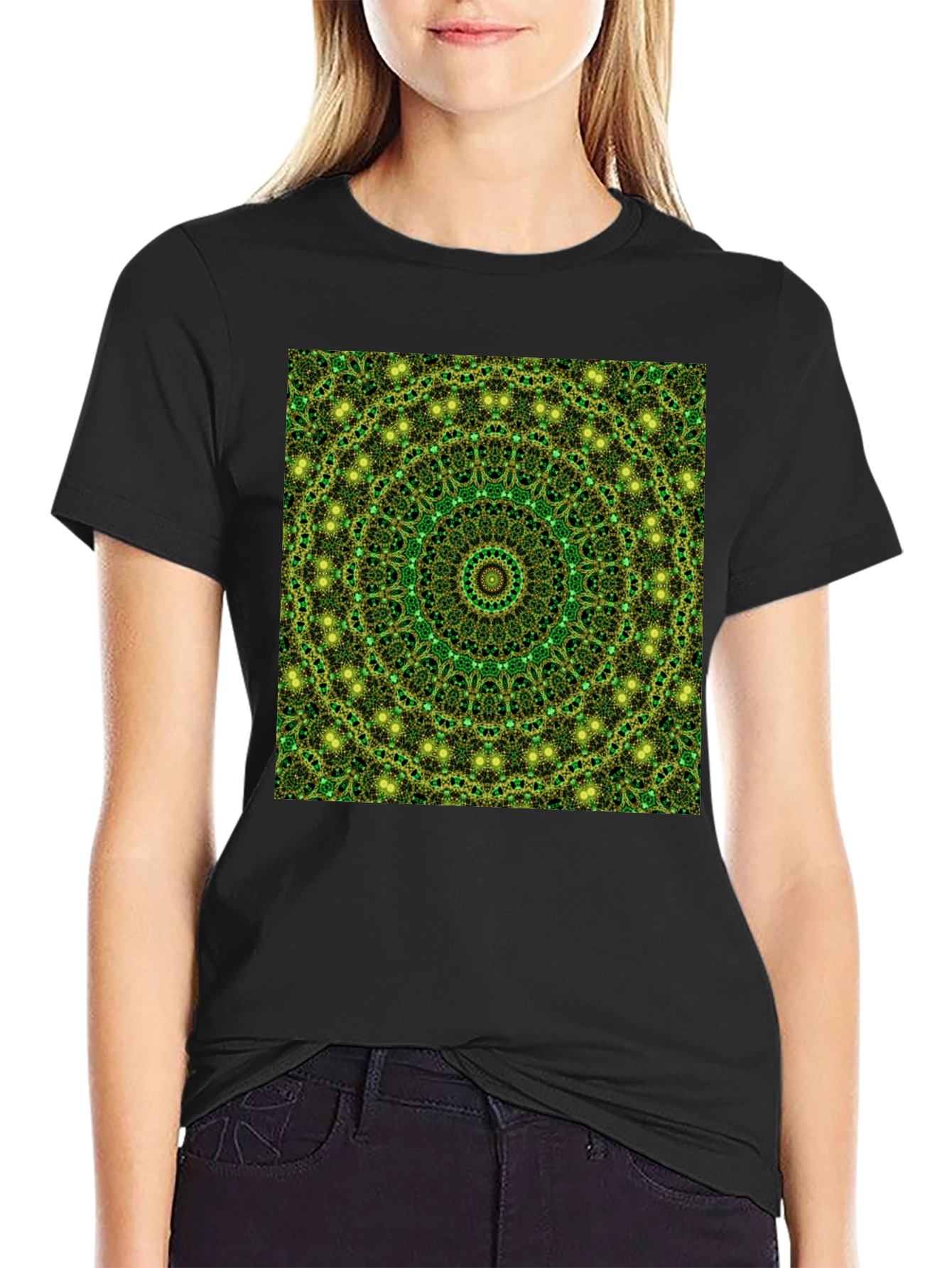 Black Green Mandala Pattern T-Shirt view 2