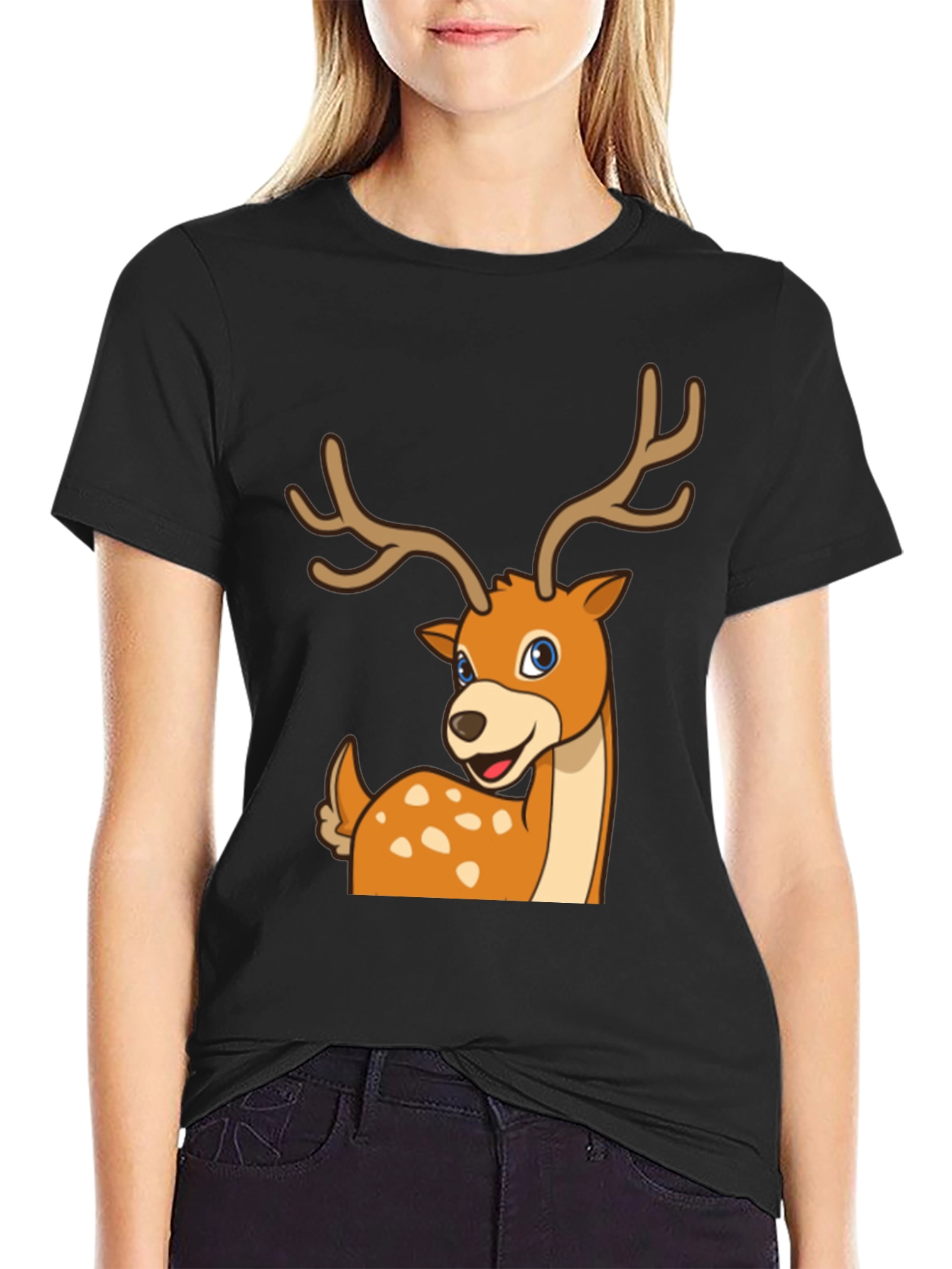 Black Deer Cartoon Graphic Black T-Shirt view 2