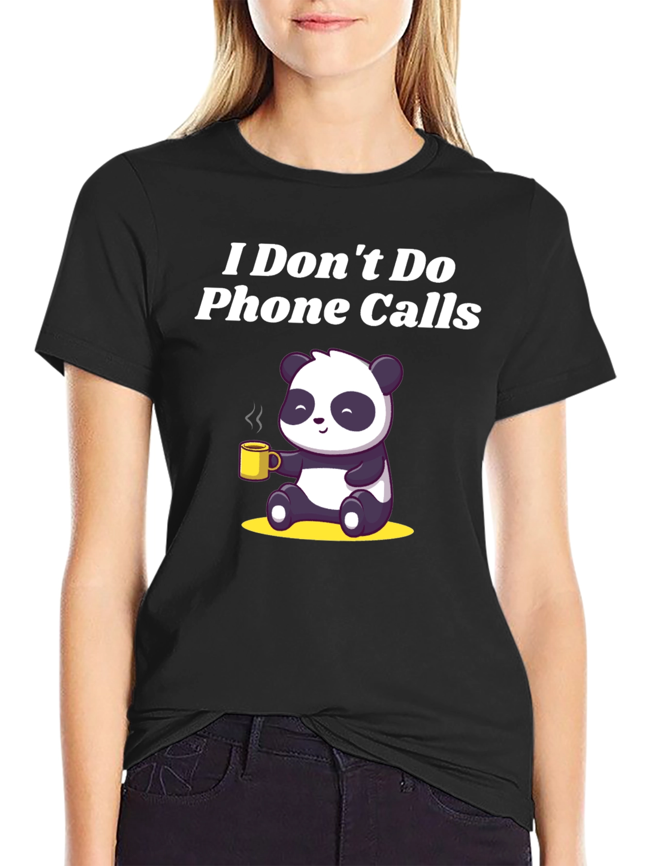 Black Funny Panda "I Don't Do Phone Calls" Black T-Shirt view 2
