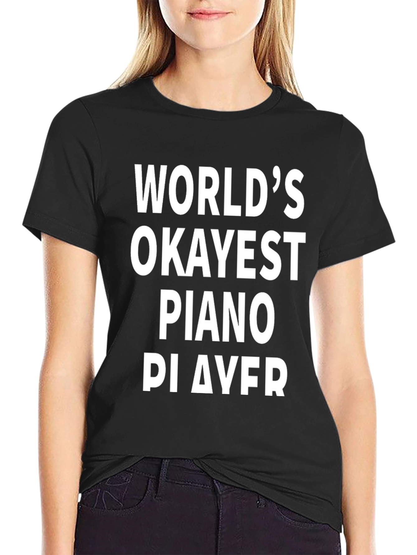 Black World's Okayest Piano Player Black T-Shirt view 2