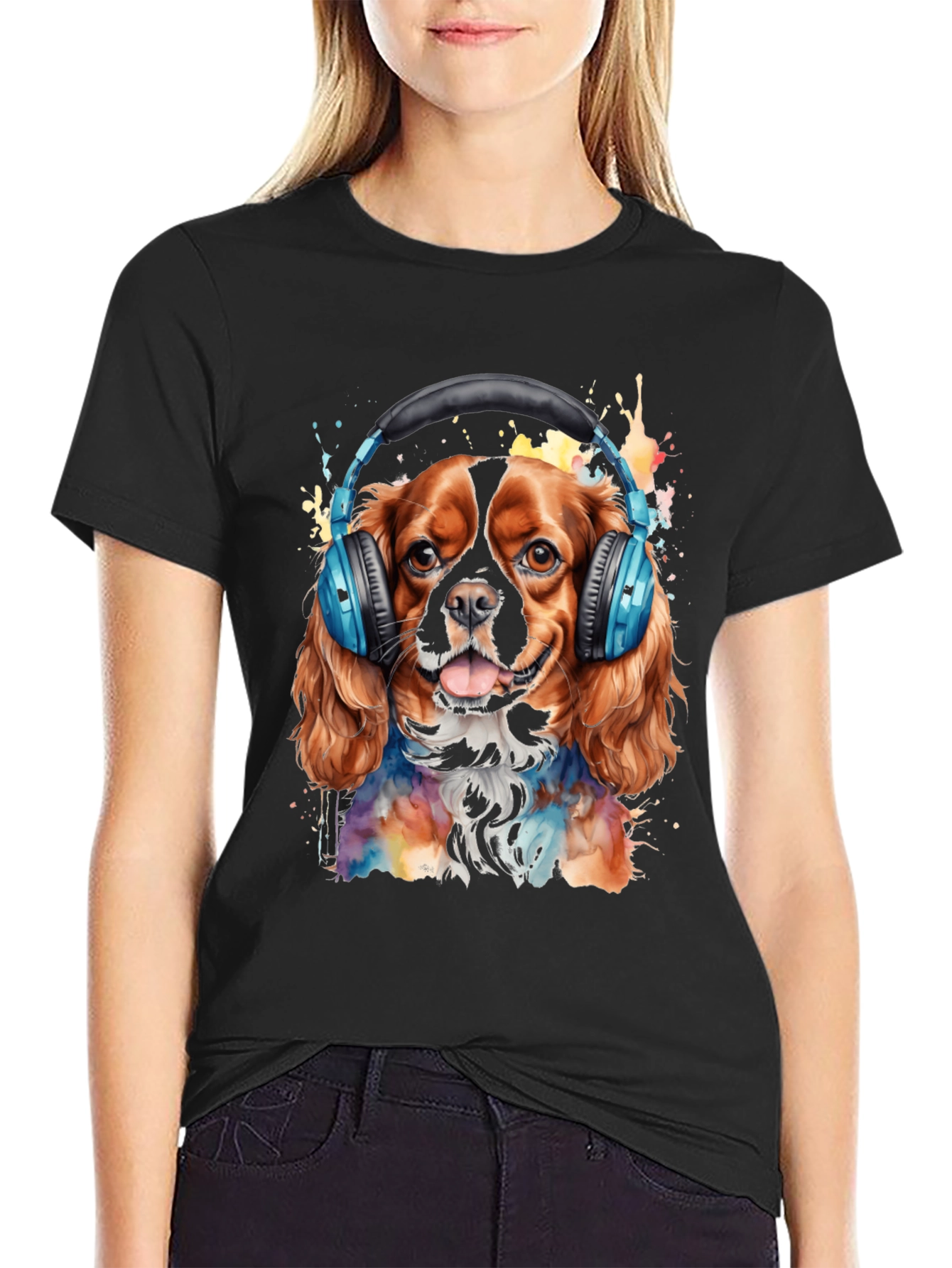 Black Dog with Headphones T-Shirt - Colorful Watercolor Design view 2