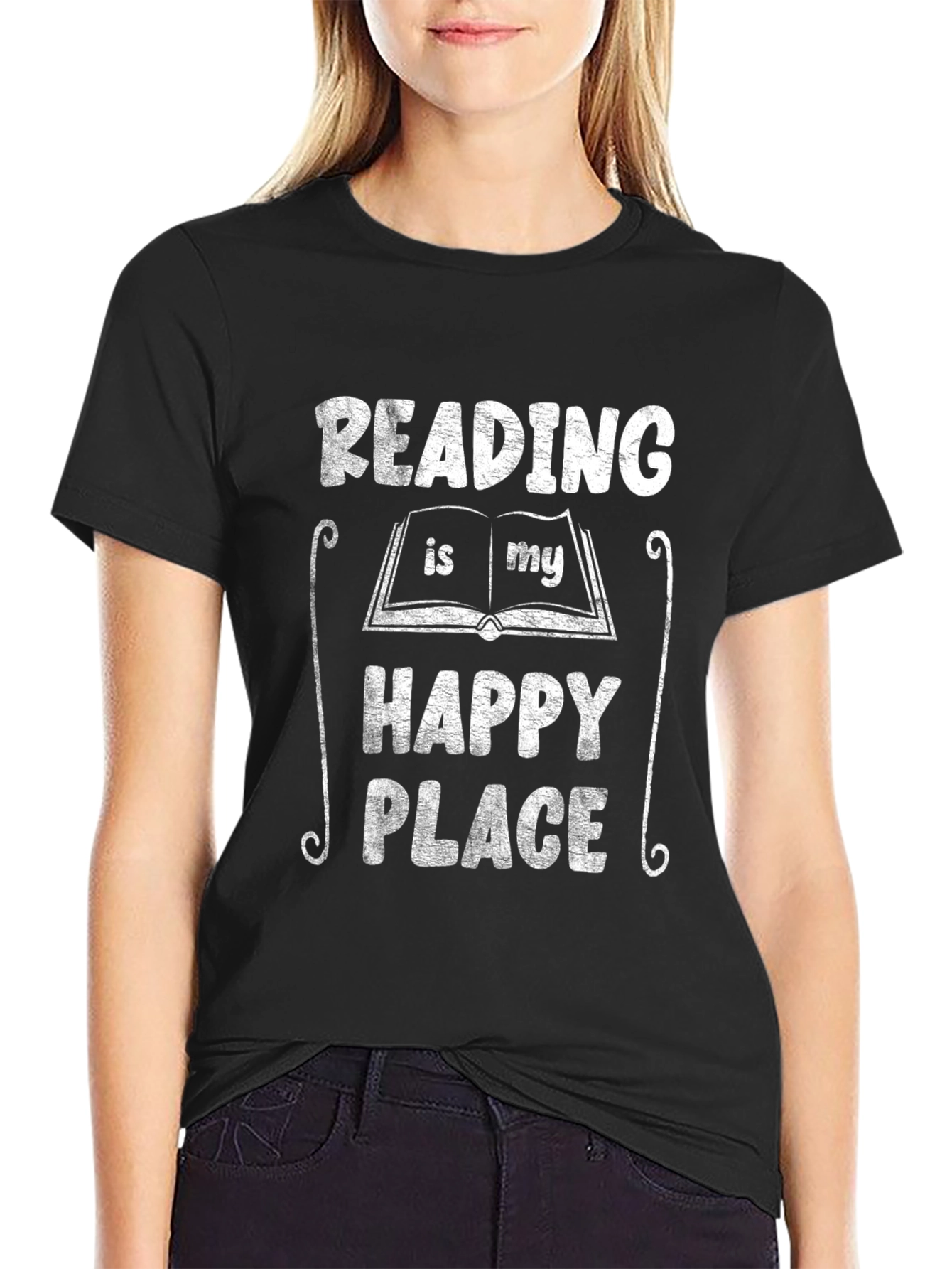 Black Reading Is My Happy Place T-Shirt Book Lover Tee view 2