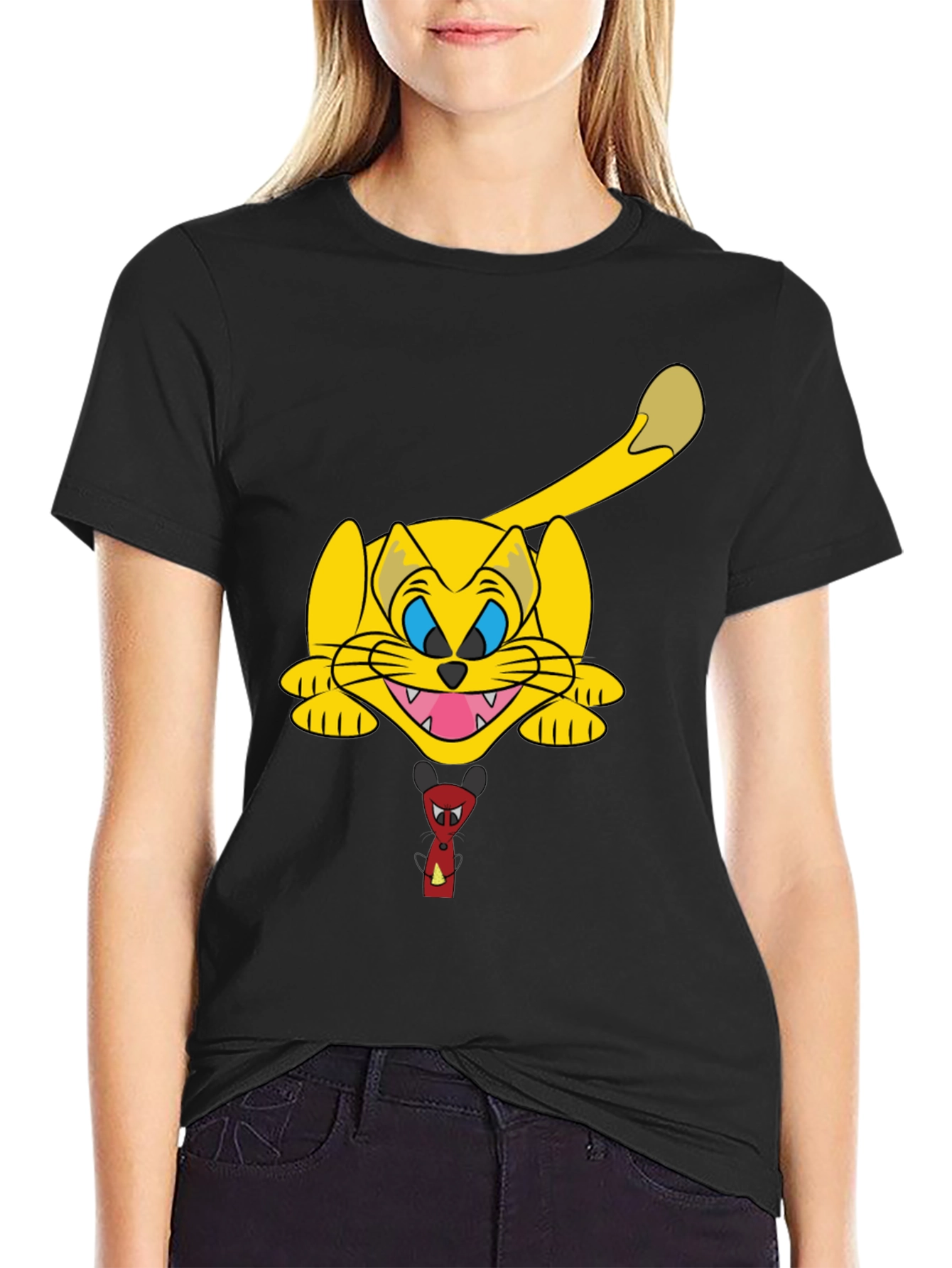 Black Cartoon Cat Graphic Black T-Shirt view 2