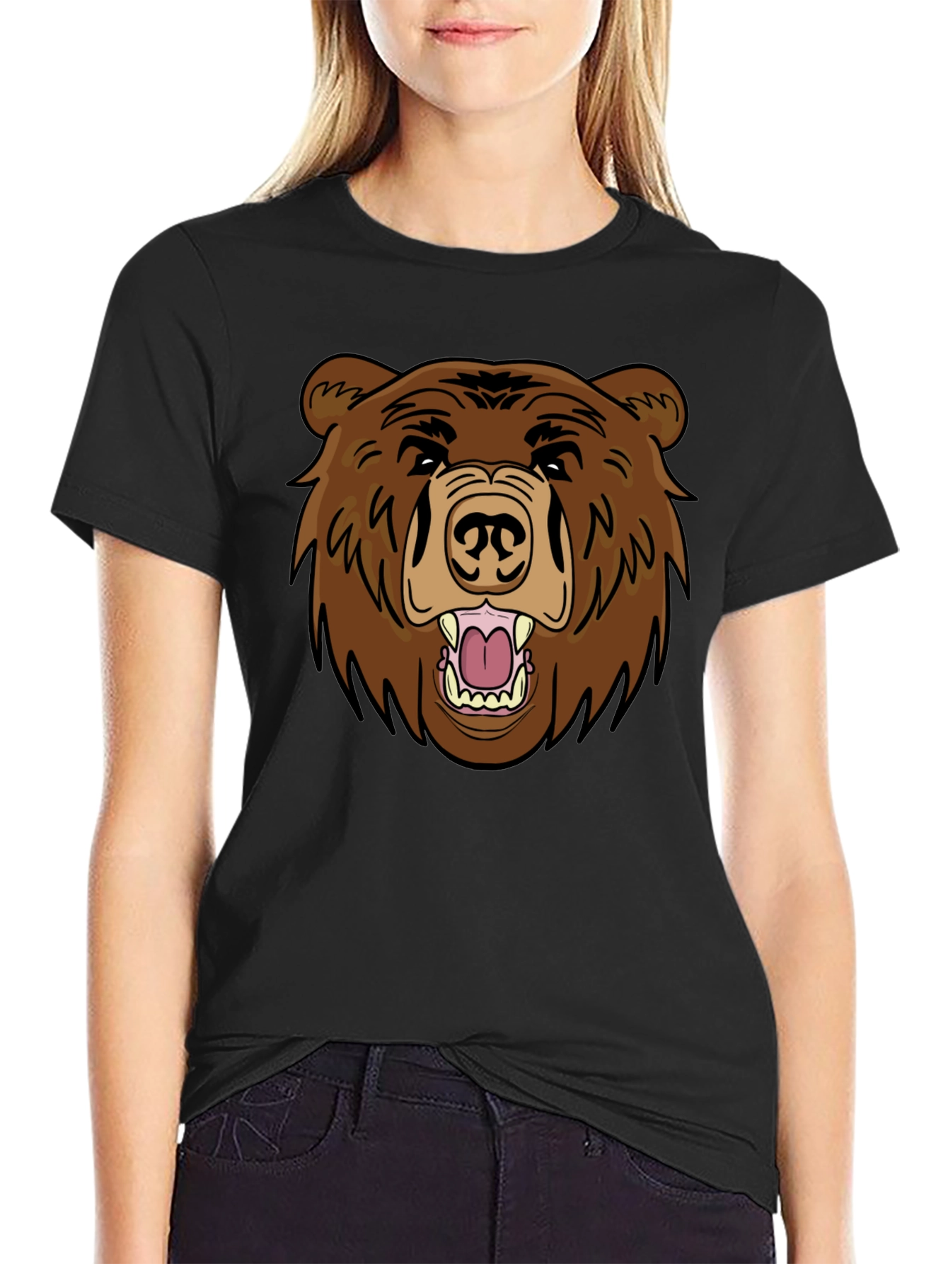 Black Men's Black T-Shirt with Brown Bear Graphic view 2