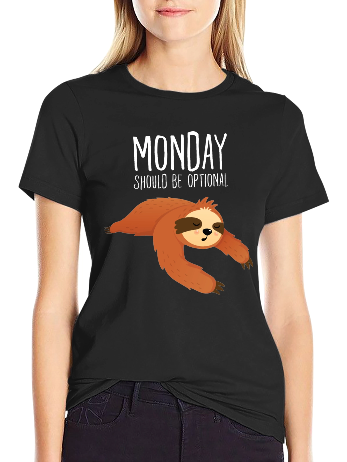 Black Funny Sloth Monday T-Shirt view 2