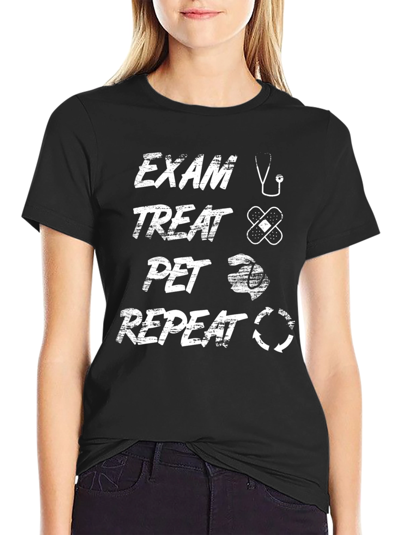 Black Vet Exam Treat Pet Repeat T-Shirt - Veterinarian Gift view 2