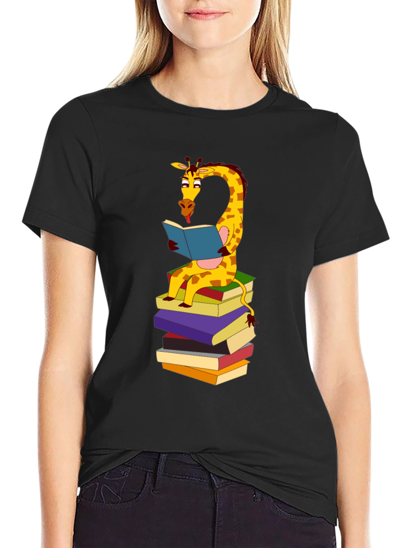 Black Reading Giraffe Graphic Tee - Black Cotton Blend view 2