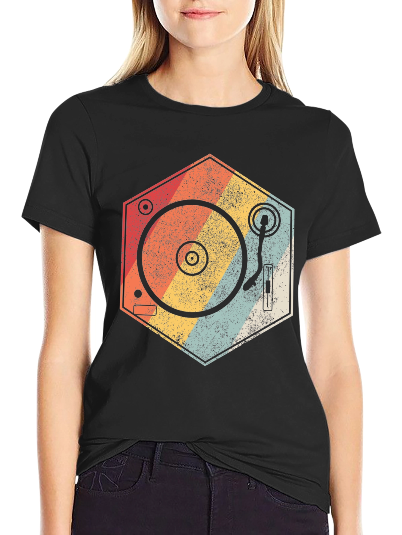 Black Retro Turntable T-Shirt - Vintage Music Lover Tee view 2
