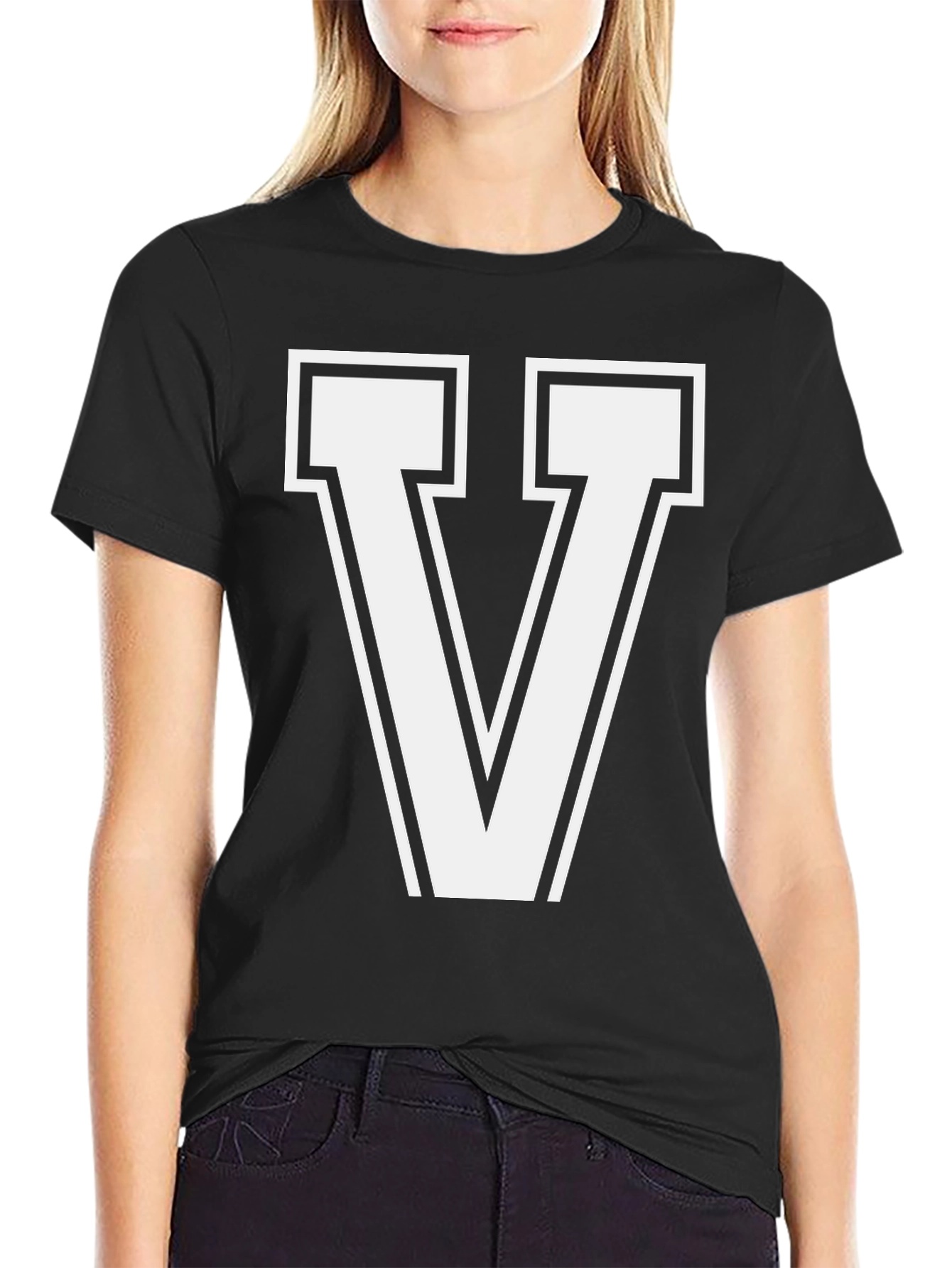 Black Bold Letter "V" Graphic T-Shirt - Casual Style view 2