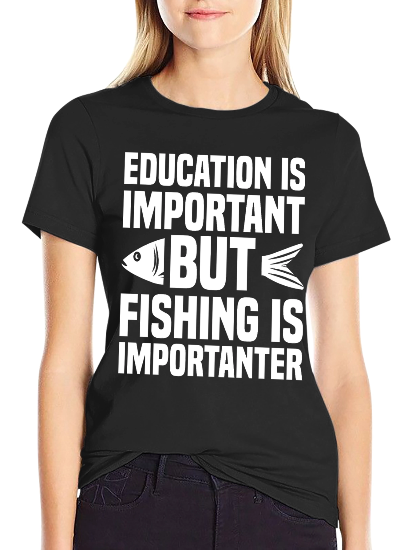 Black Funny Fishing Graphic T-Shirt - Education Is Important view 2