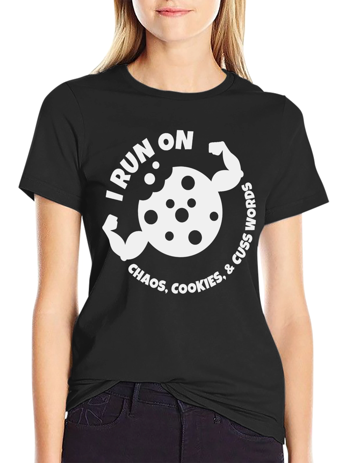 Black I Run on Chaos, Cookies, & Cuss Words Graphic Tee view 2