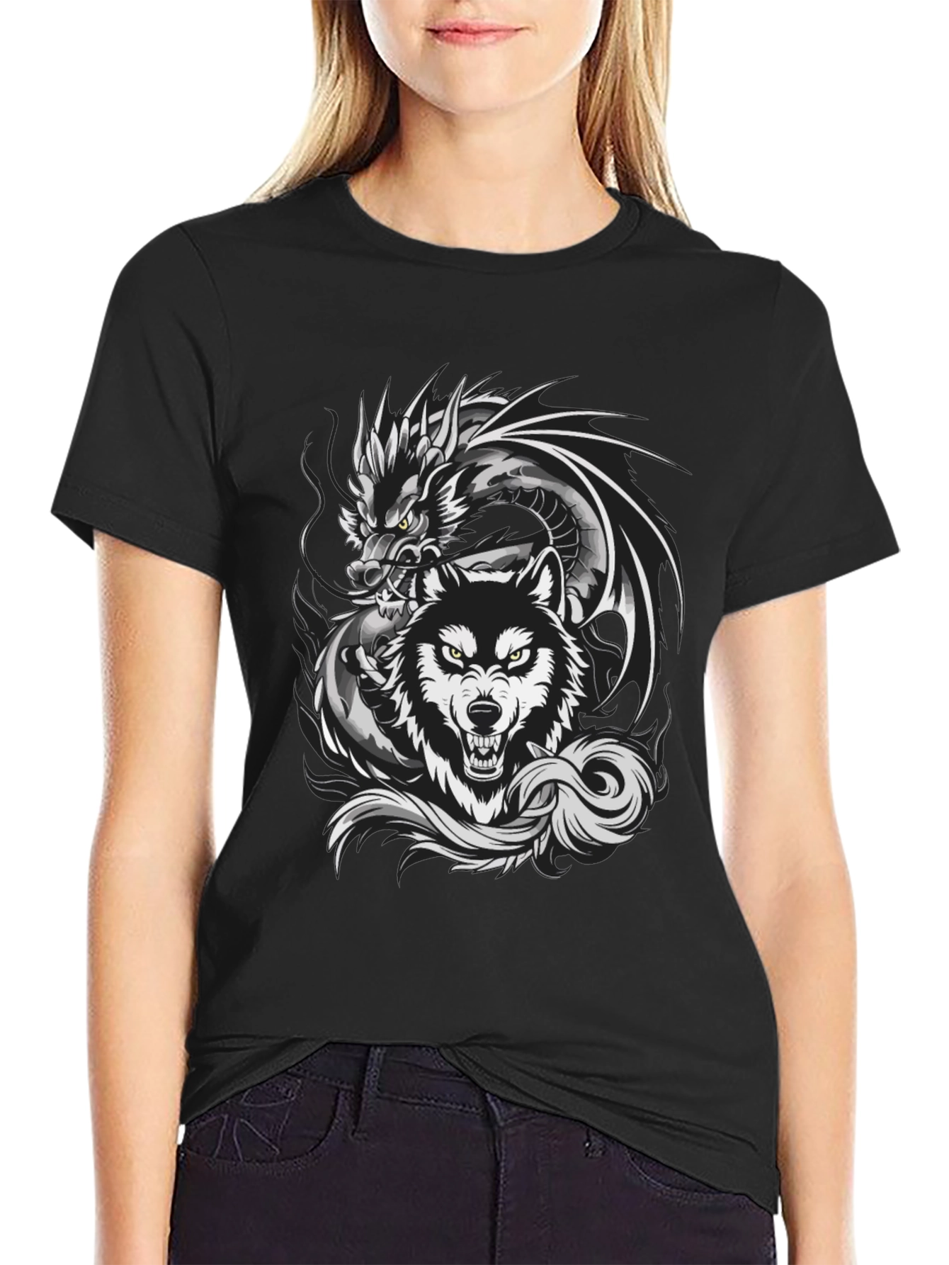 Black Dragon Wolf Graphic Tee - Fierce Design view 2