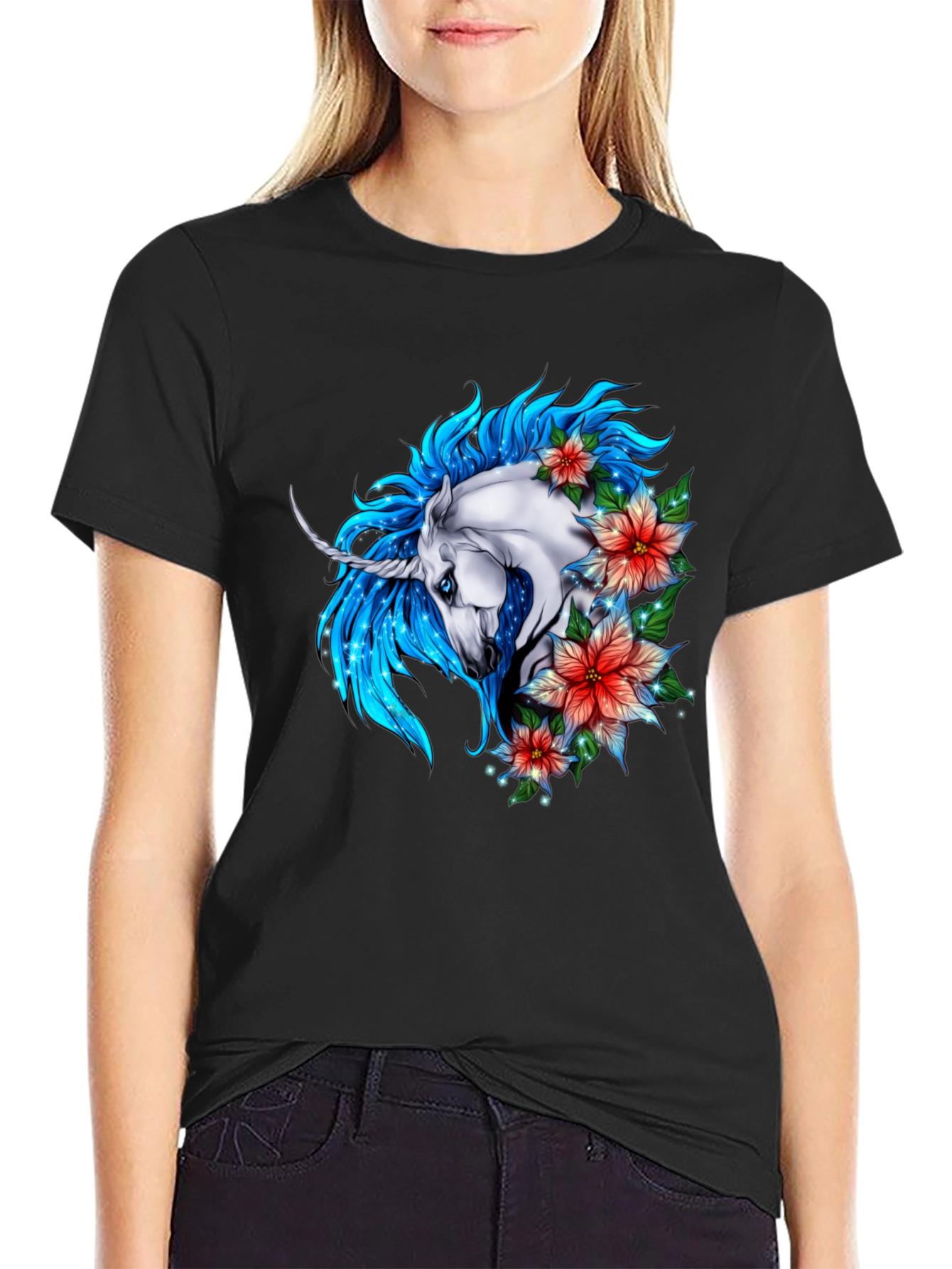 Black Unicorn Floral Graphic Tee - Stylish Men's Black T-Shirt view 2