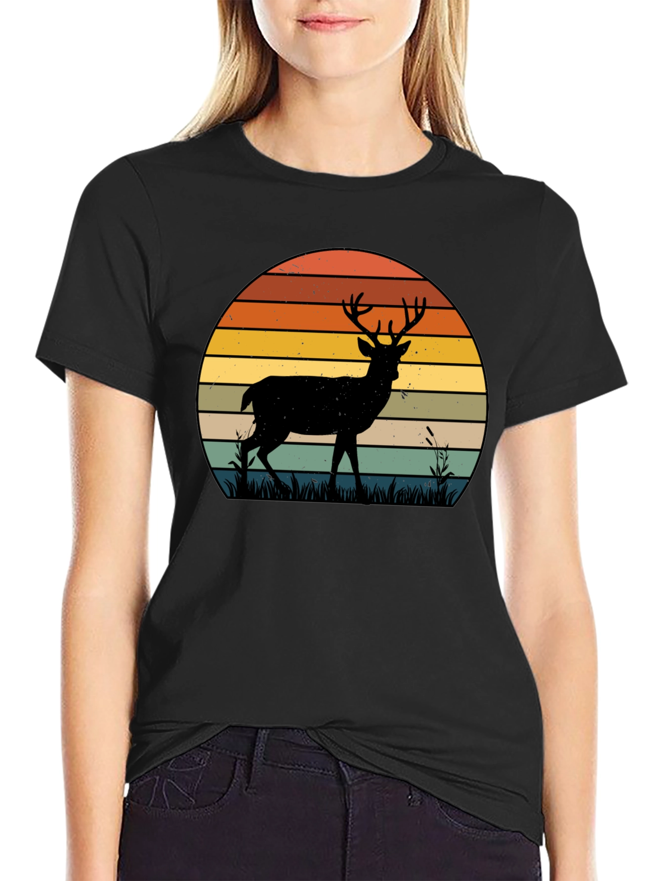 Black Retro Deer Sunset Graphic T-Shirt view 2