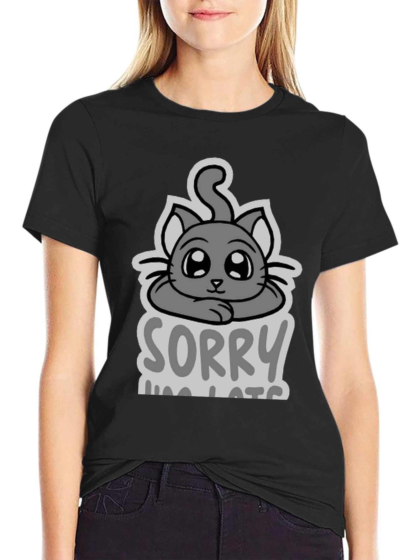 Black Sorry I'm Late Cat T-Shirt view 2