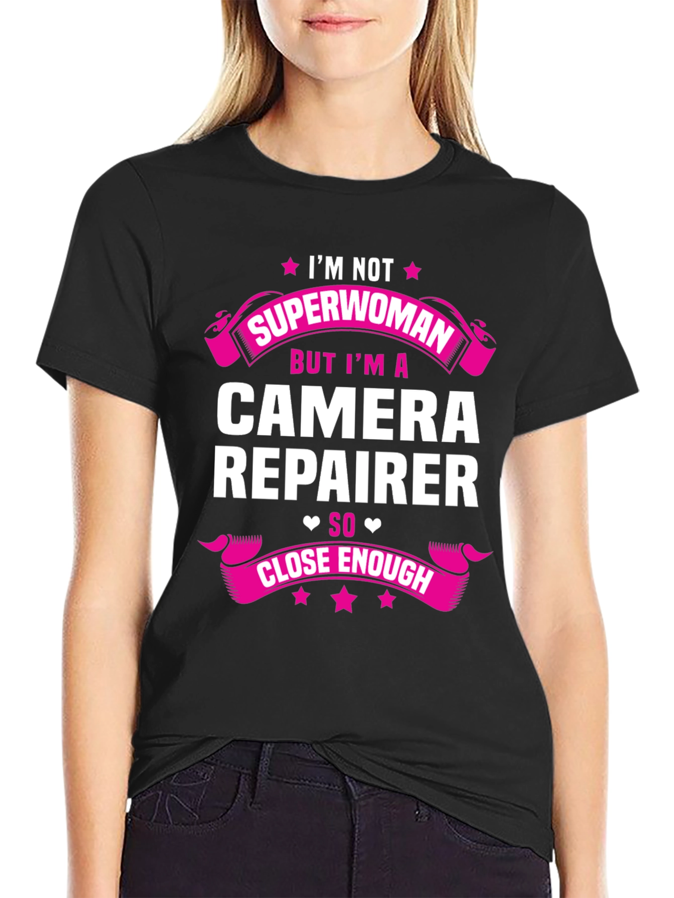 Black Camera Repairer T-Shirt - Superwoman Close Enough! view 2