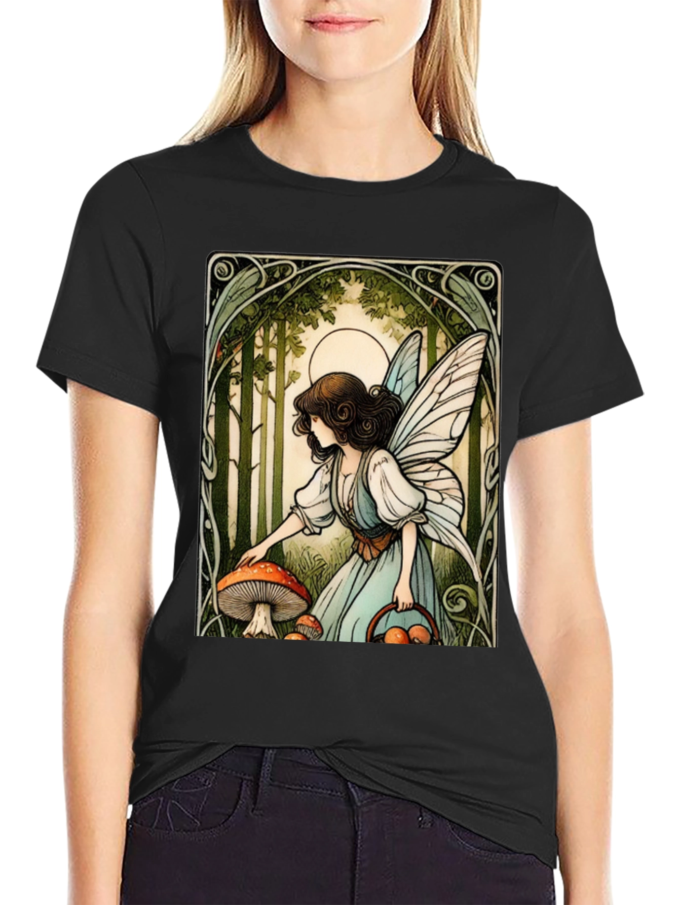 Black Fairycore Mushroom Forager T-Shirt view 2