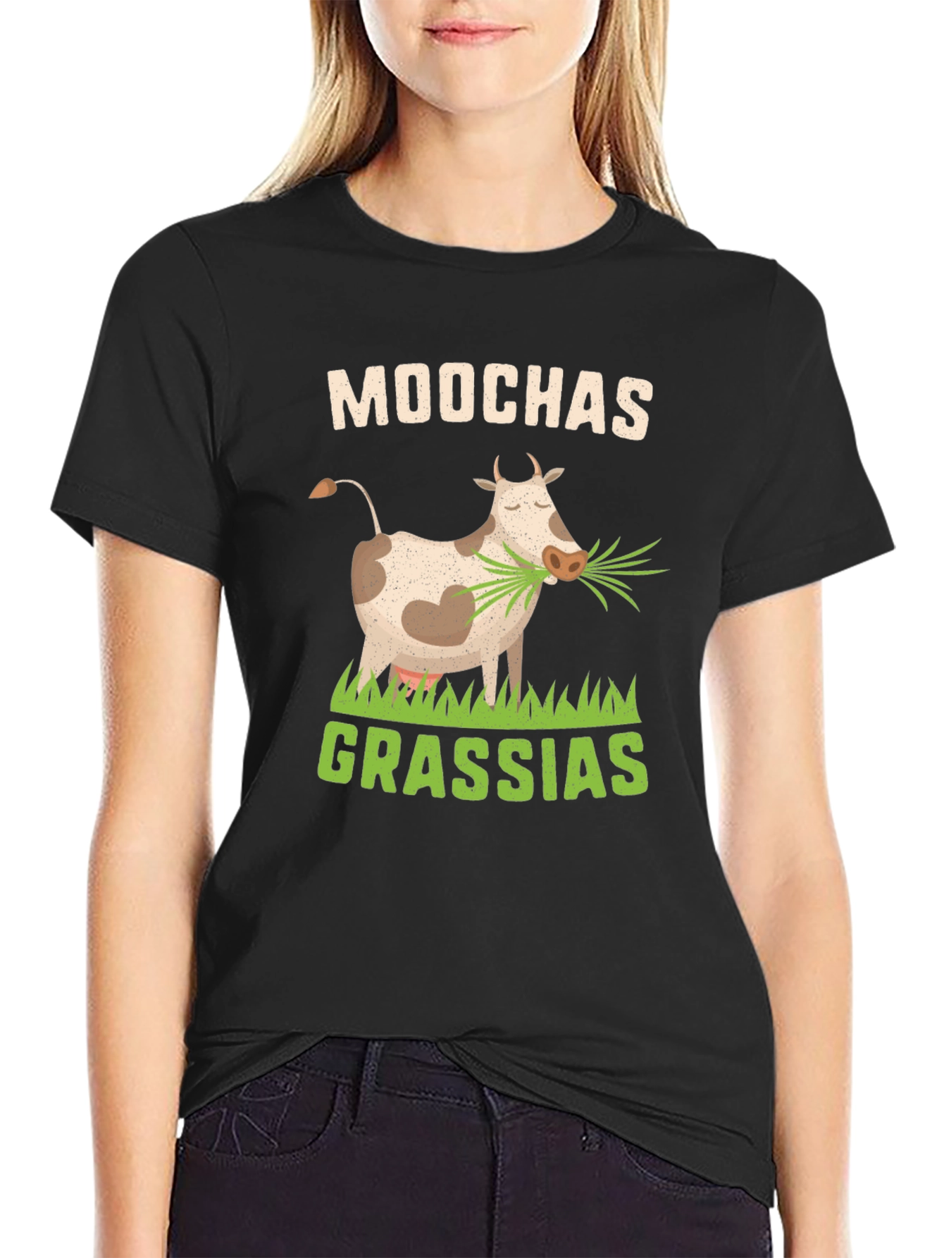 Black Moochas Grassias Cow Graphic T-Shirt view 2
