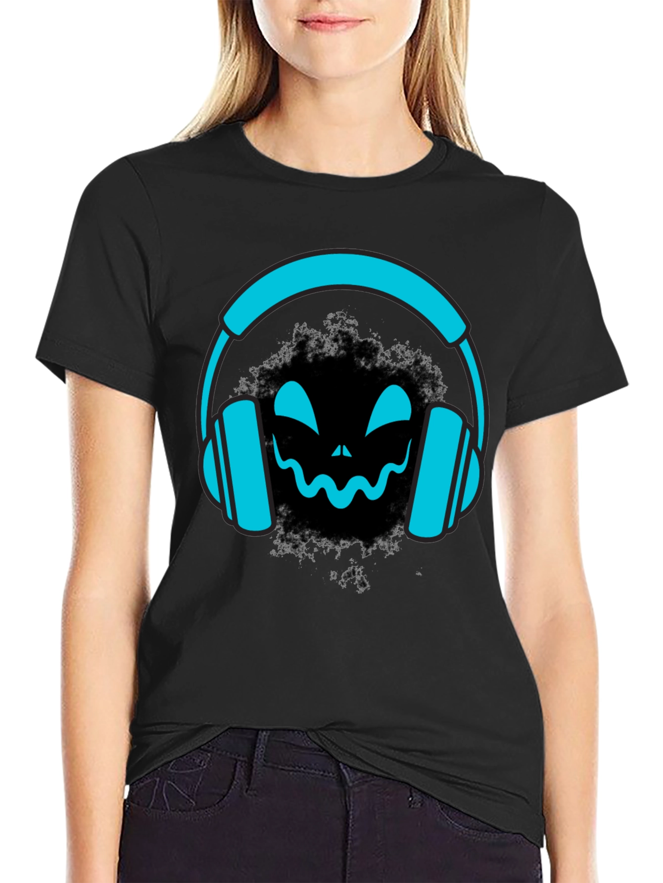 Black DJ Headphone Halloween Black T-Shirt view 2