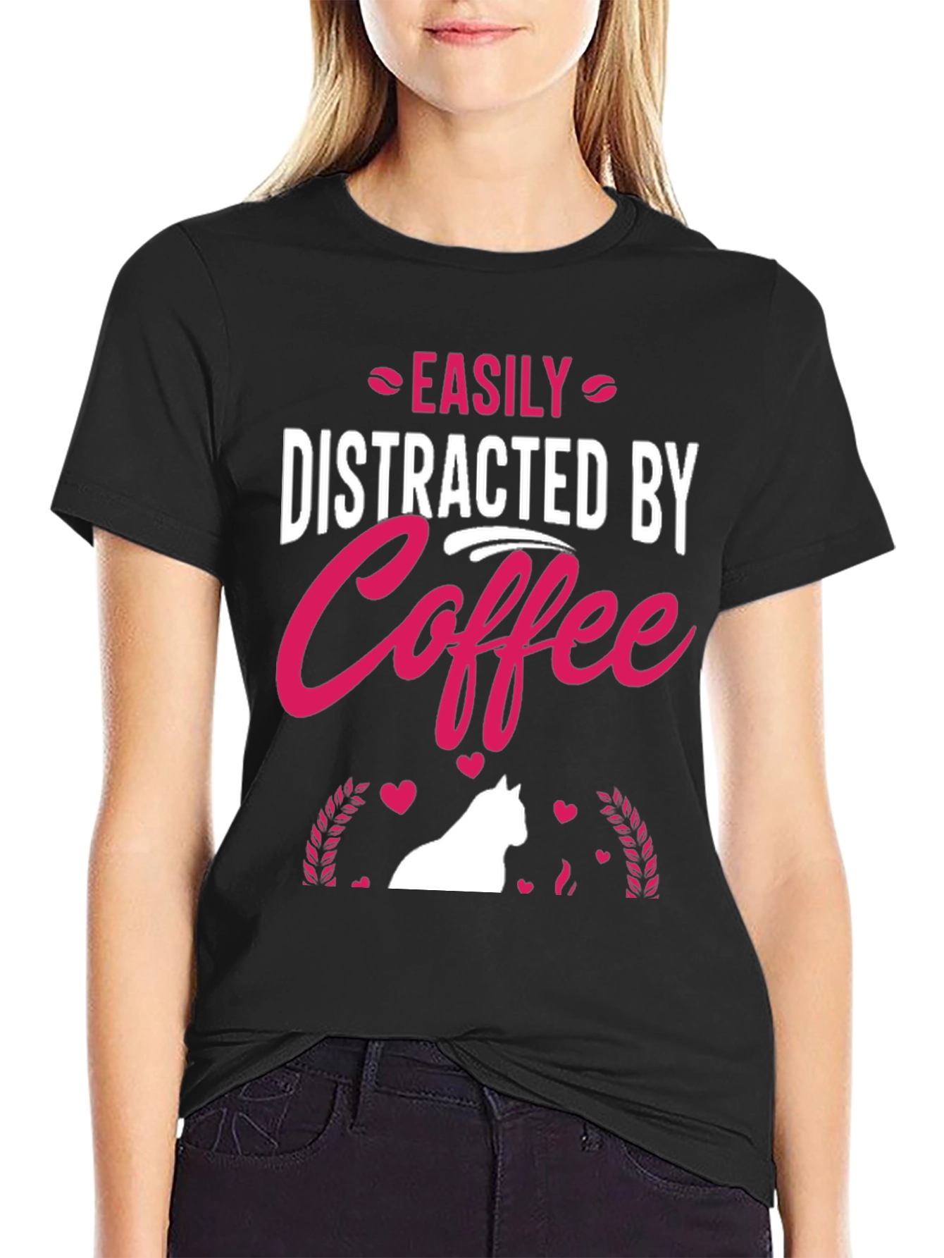 Black Easily Distracted by Coffee T-Shirt - Cat Lover Edition view 2