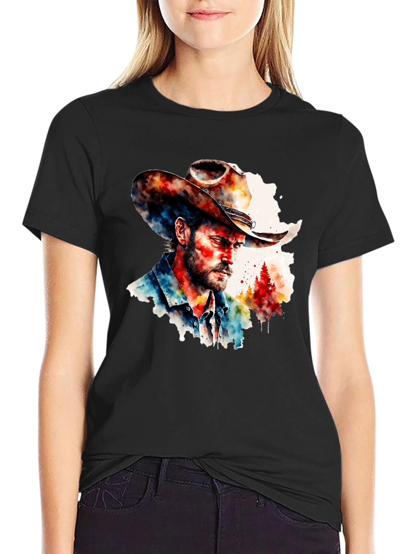Black Watercolor Cowboy T-Shirt - Western Style view 2