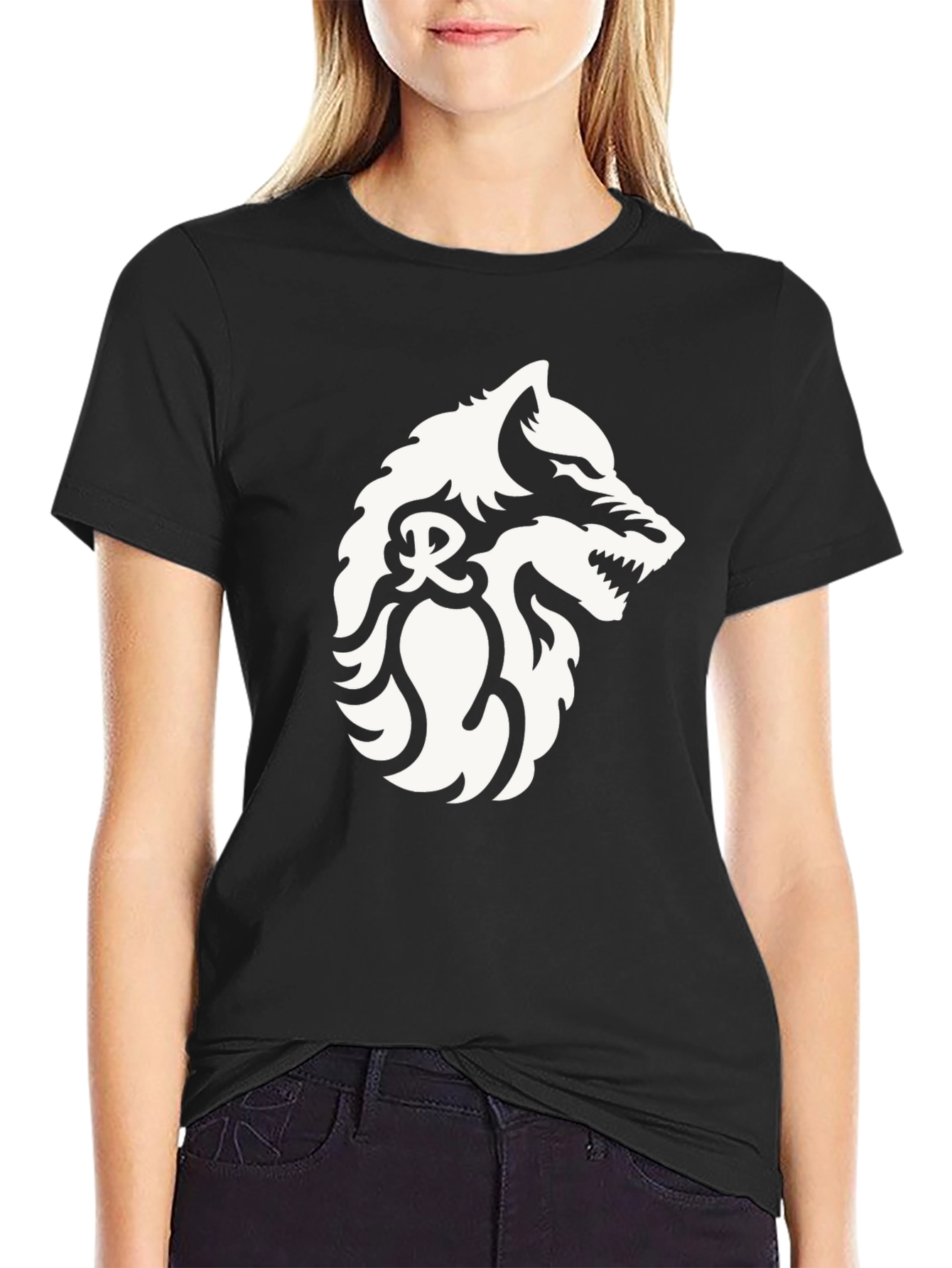 Black Black T-Shirt with Wolf Graphic view 2