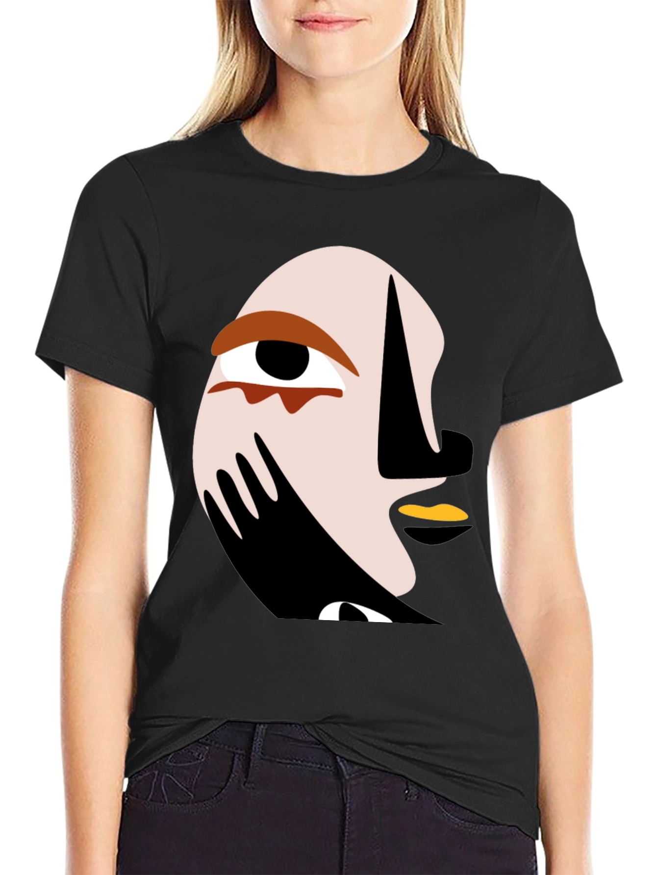 Black Abstract Face Graphic Tee - Modern Art T-Shirt view 2