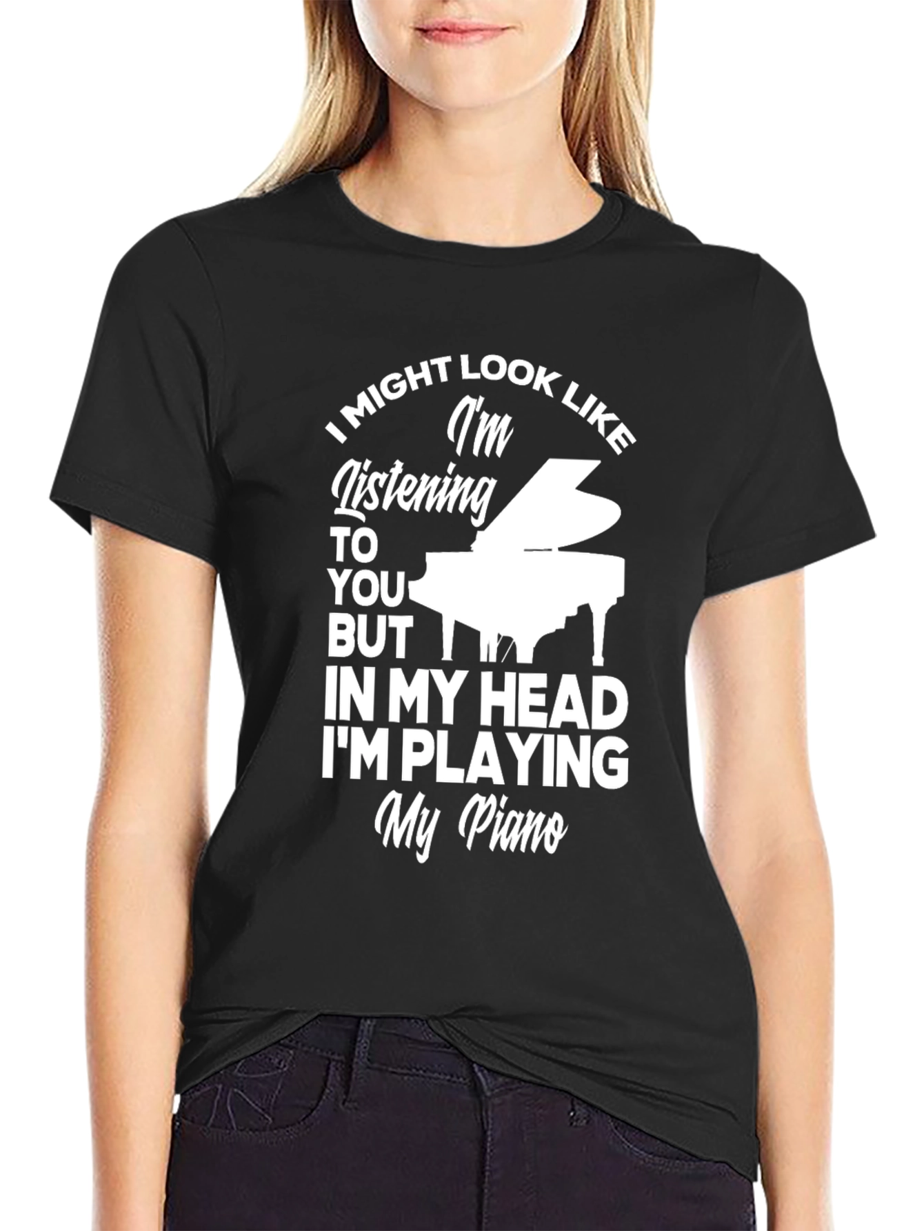 Black Piano Player T-Shirt - Listening Funny Musician Tee view 2
