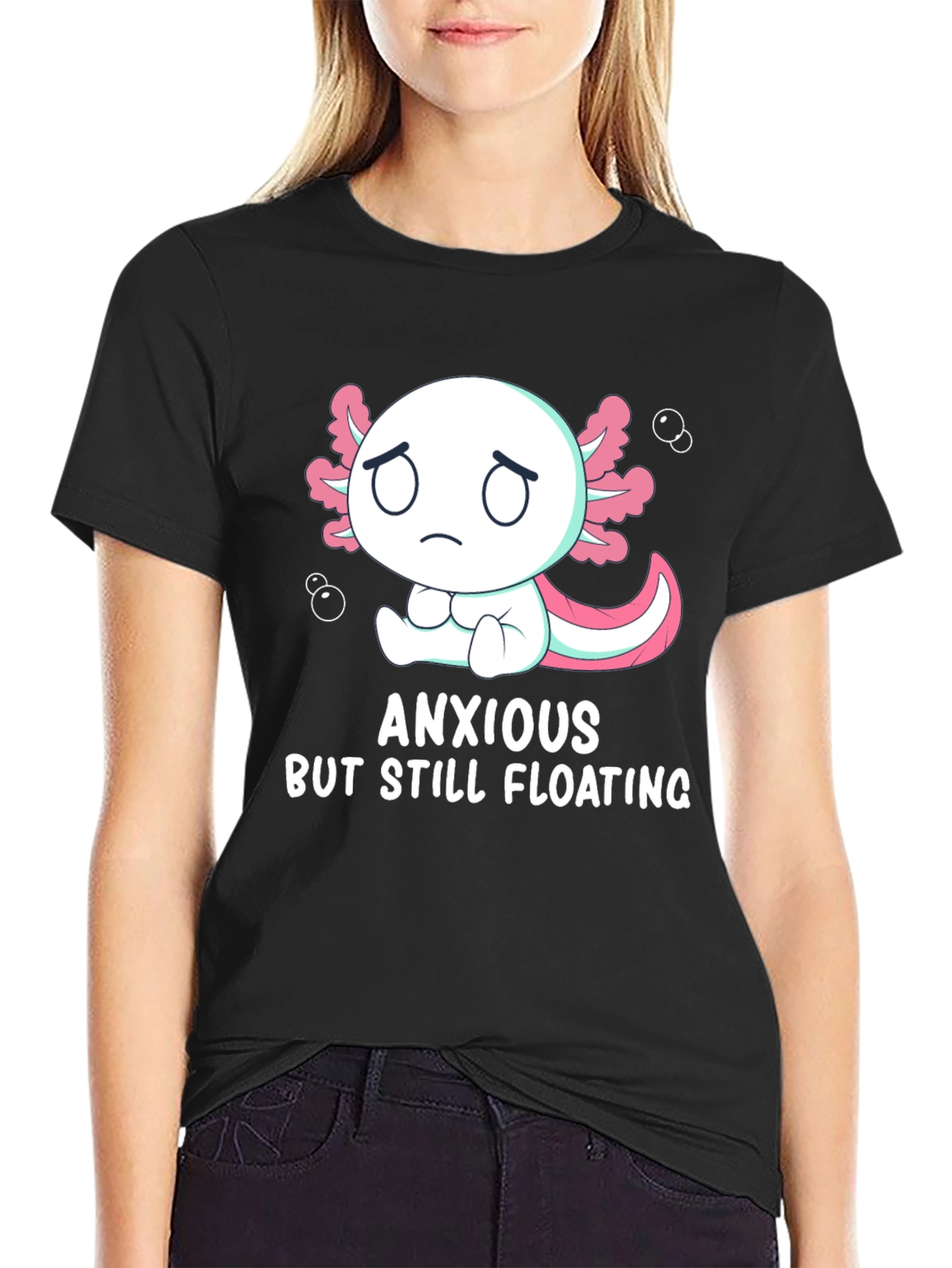 Black Anxious But Still Floating Axolotl T-Shirt view 2