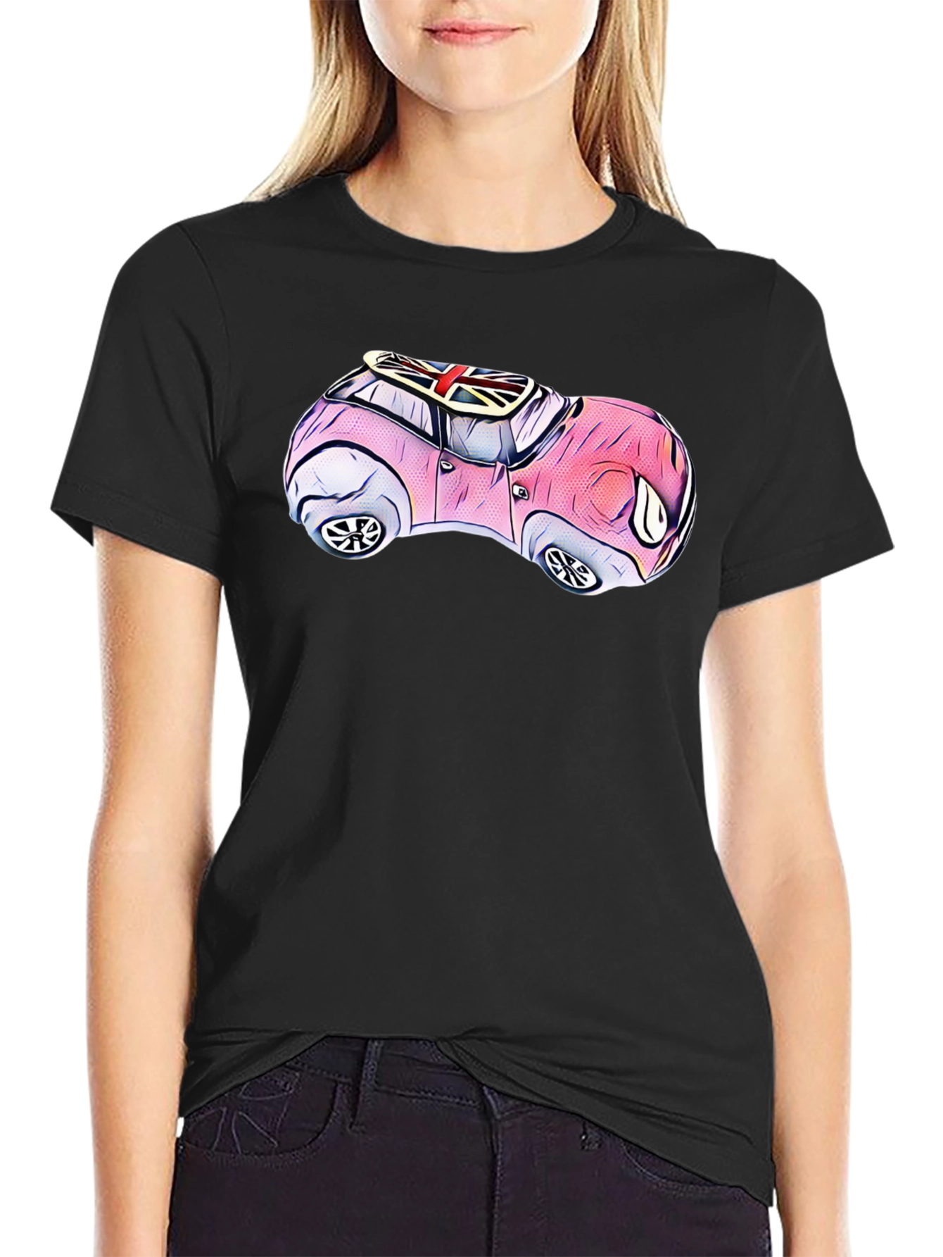 Black Cartoon Car T-Shirt - British Flag Design view 2