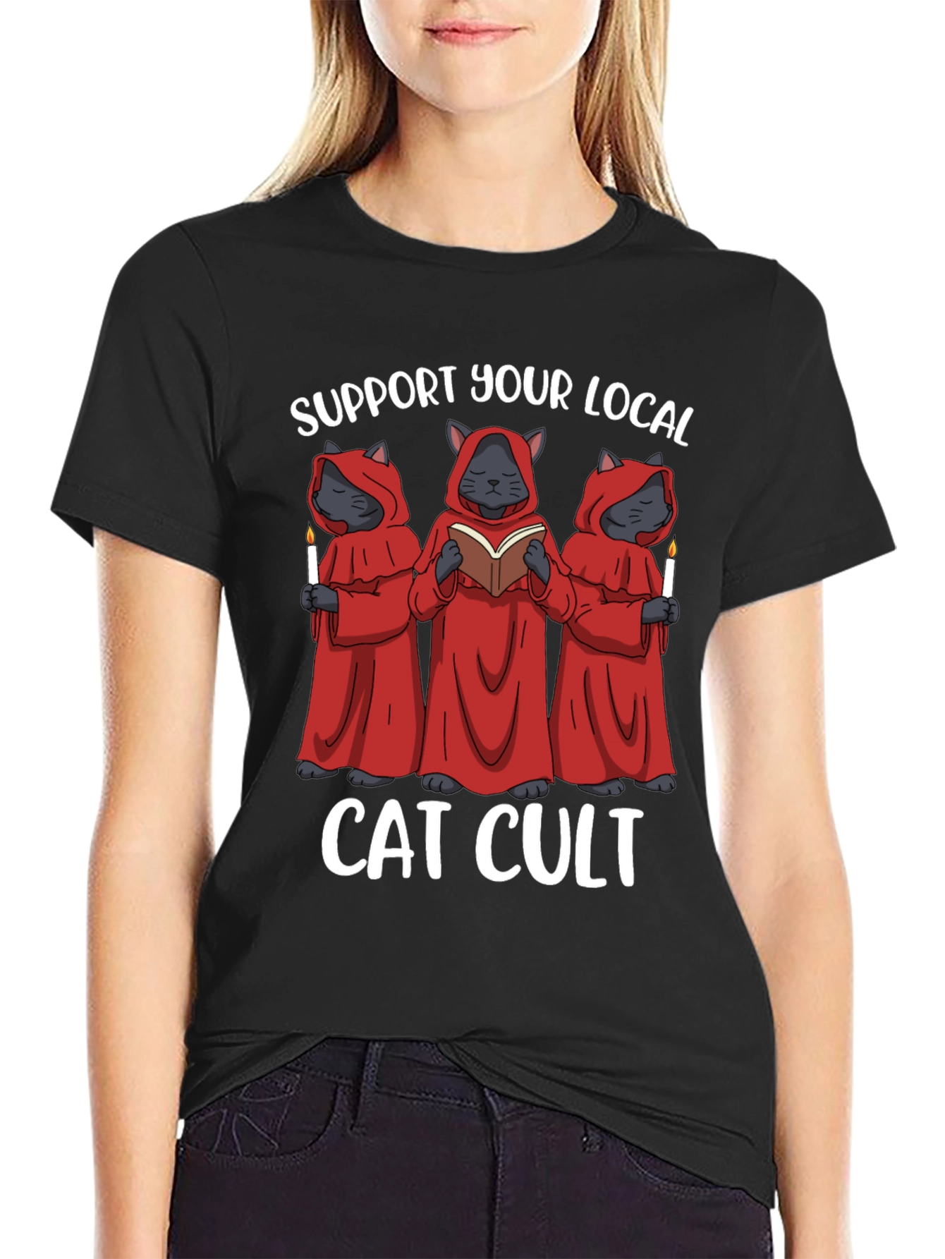 Black Support Your Local Cat Cult T-Shirt view 2