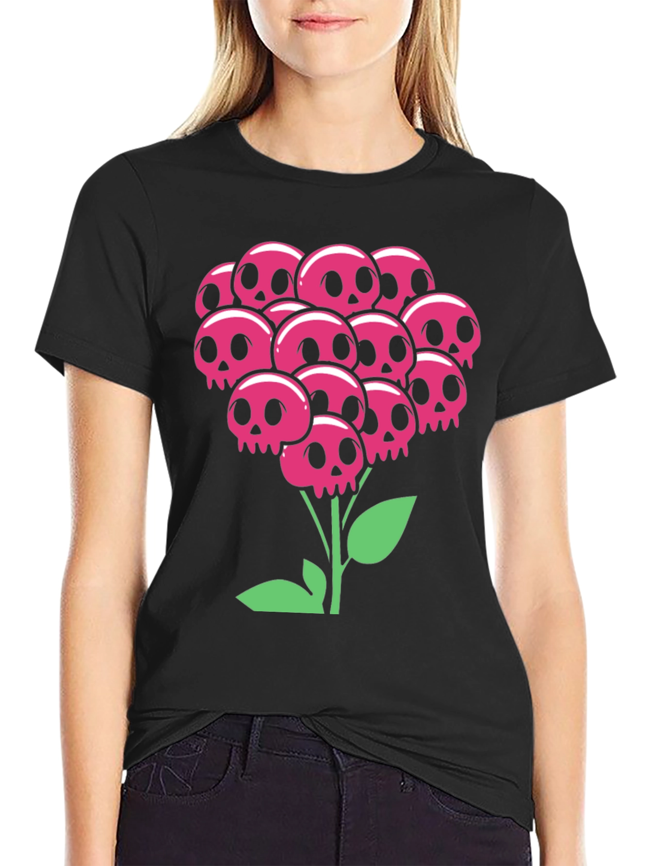 Black Skull Bouquet T-Shirt - Floral Goth Style view 2