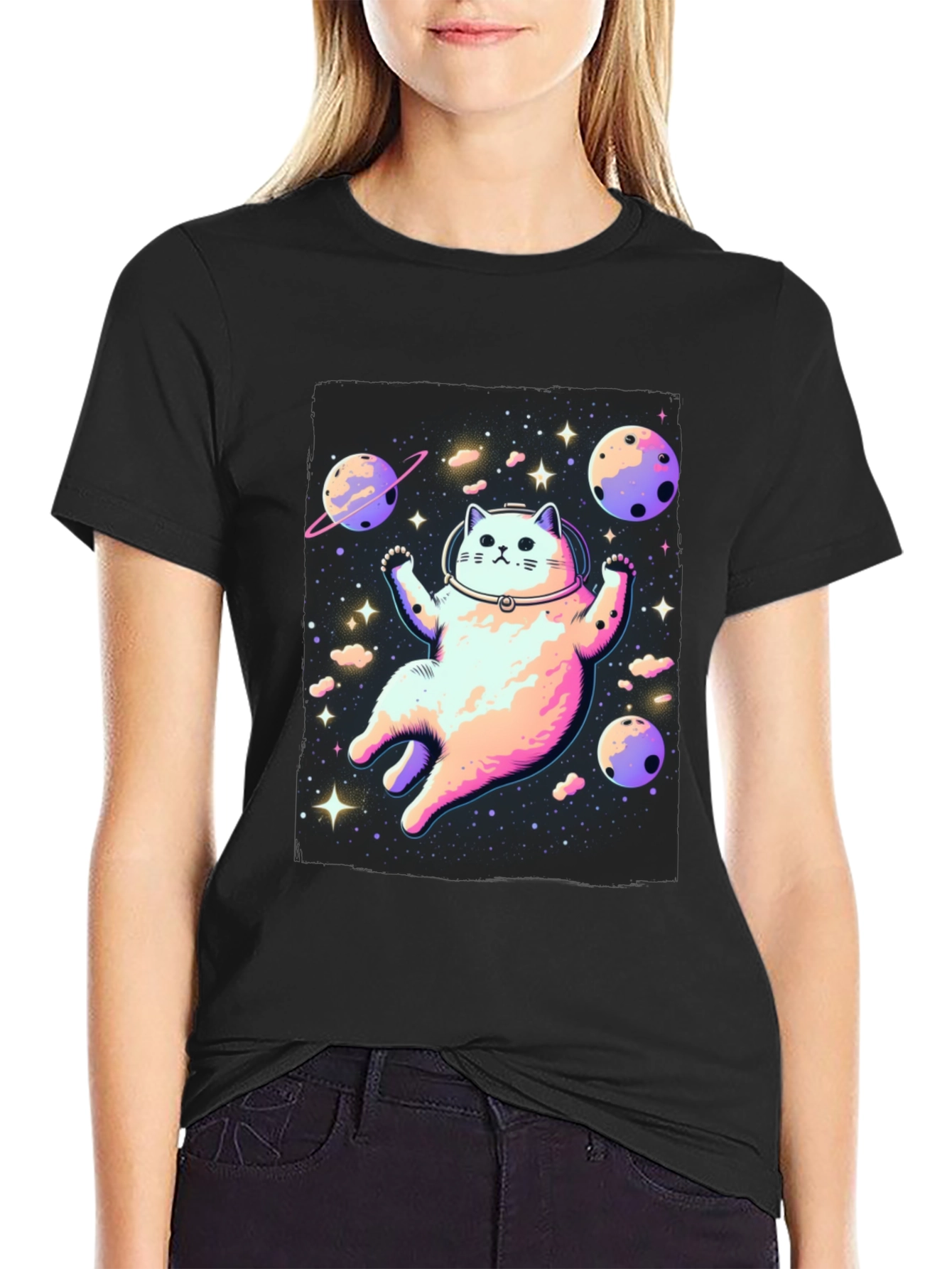 Black Astronaut Cat T-Shirt - Space Adventure Tee view 2