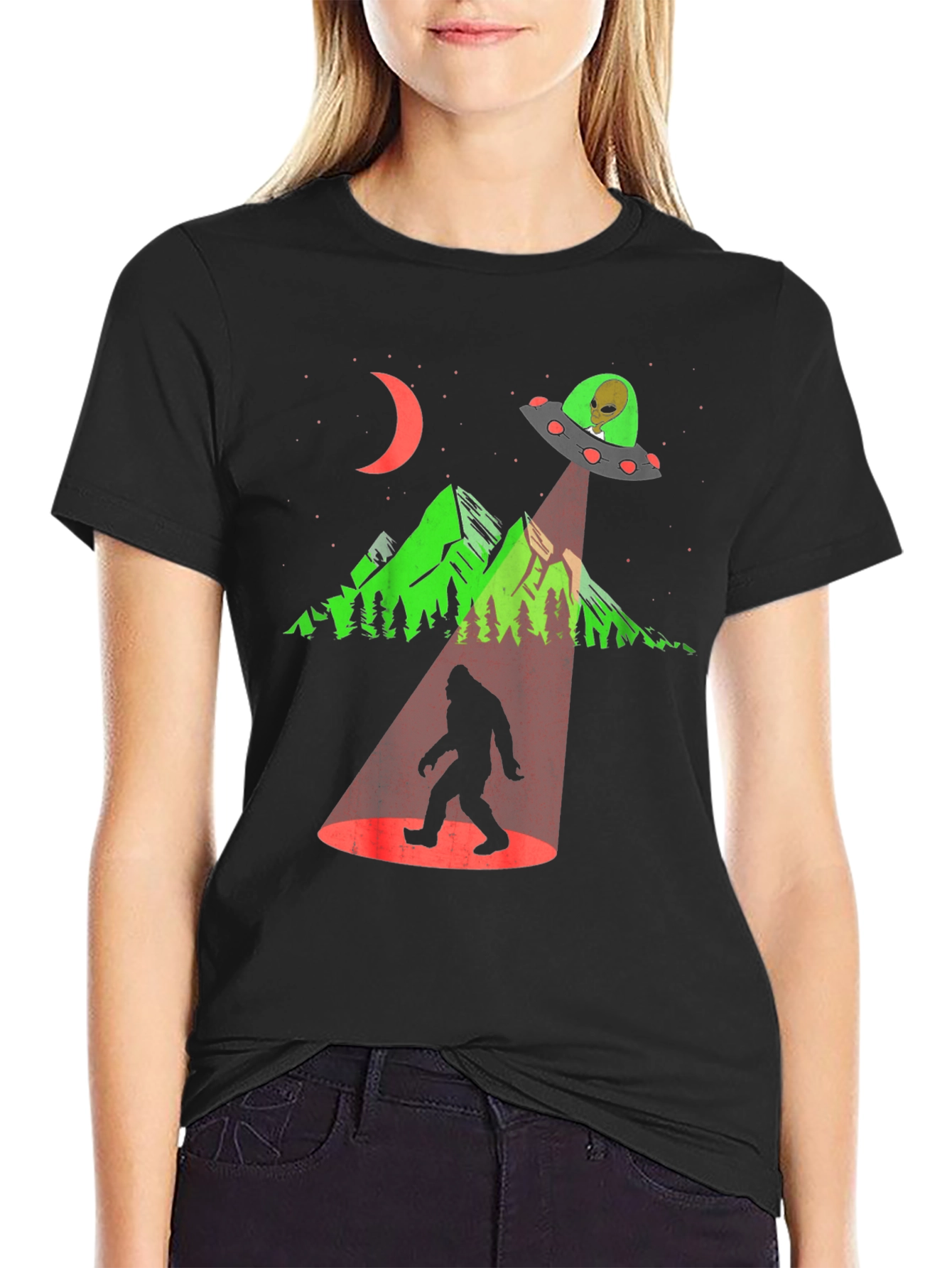 Black UFO Abduction Bigfoot Graphic Tee view 2