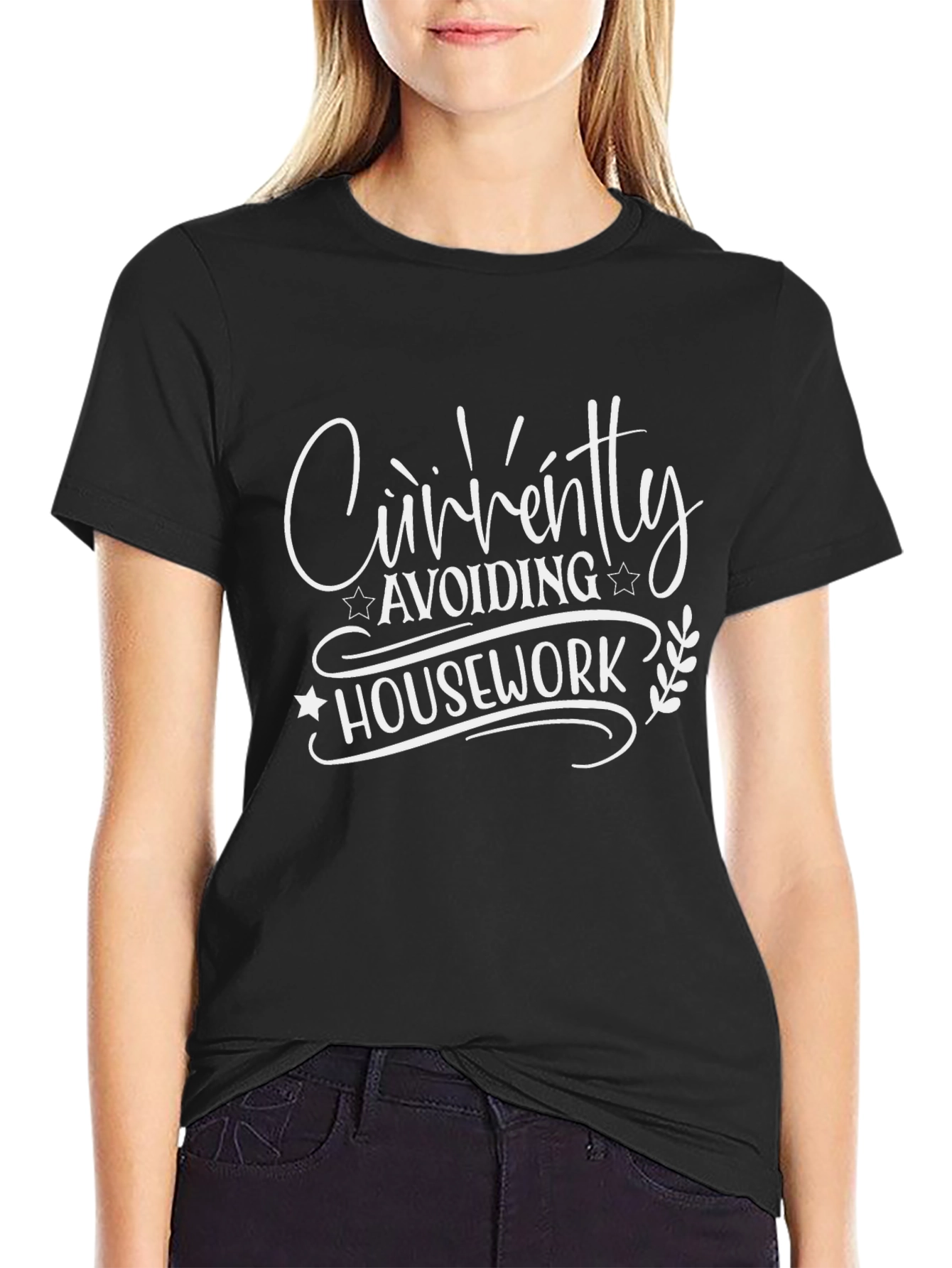 Black Funny "Avoiding Housework" Black T-Shirt view 2