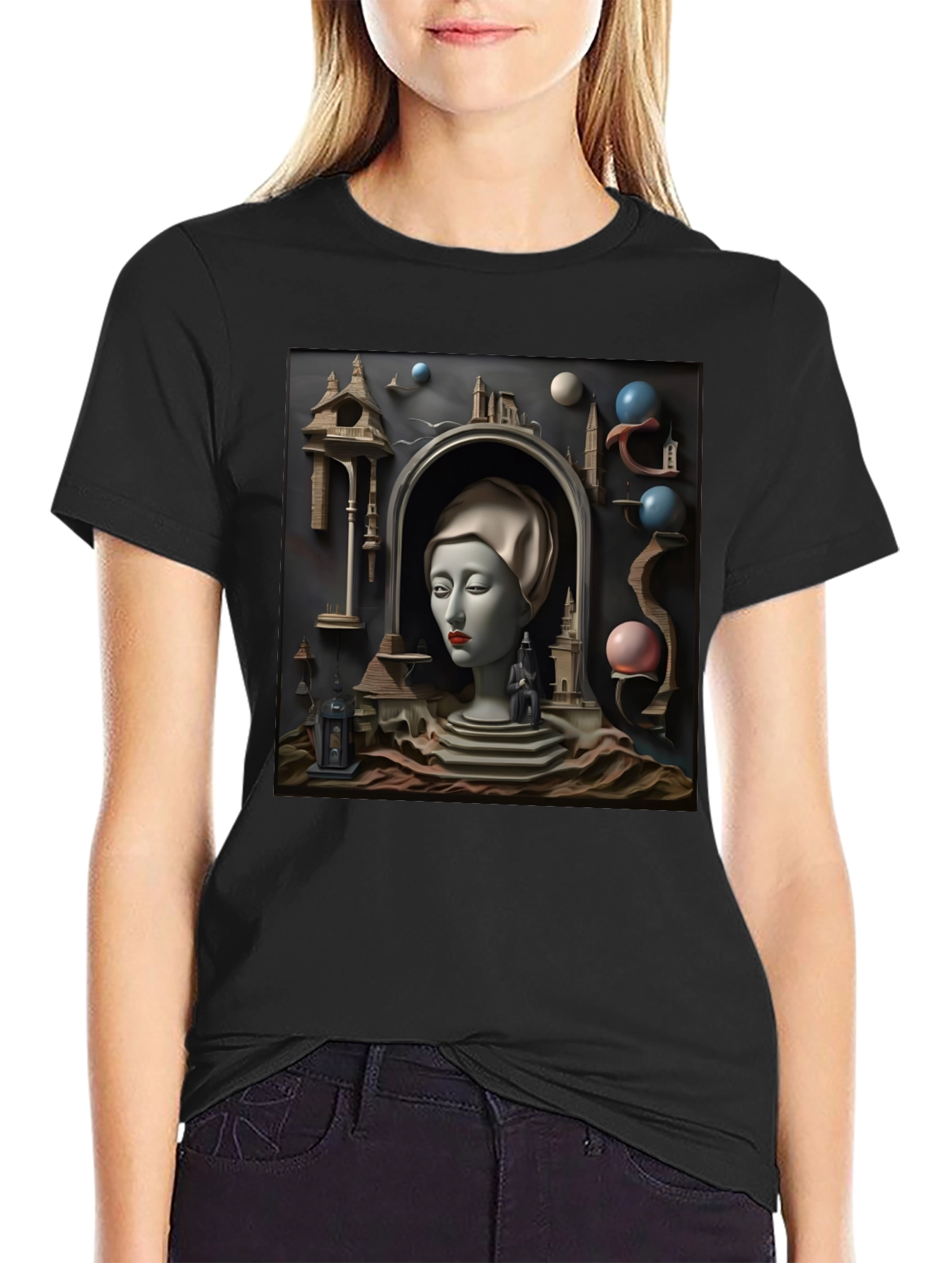 Black Surrealist Black T-Shirt with Dreamscape Design view 2