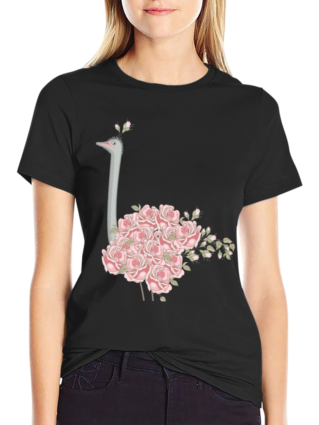 Black Ostrich Floral T-Shirt - Unique Graphic Tee view 2
