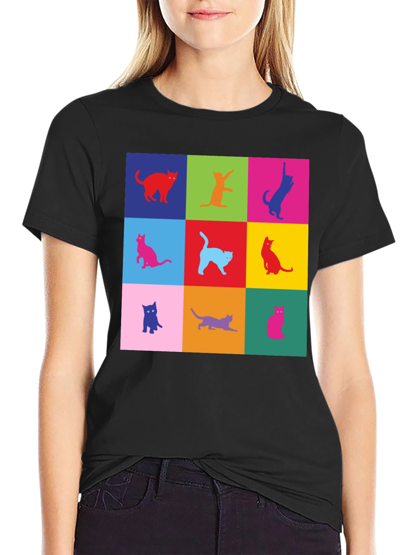 Black Colorful Cats Graphic T-Shirt view 2