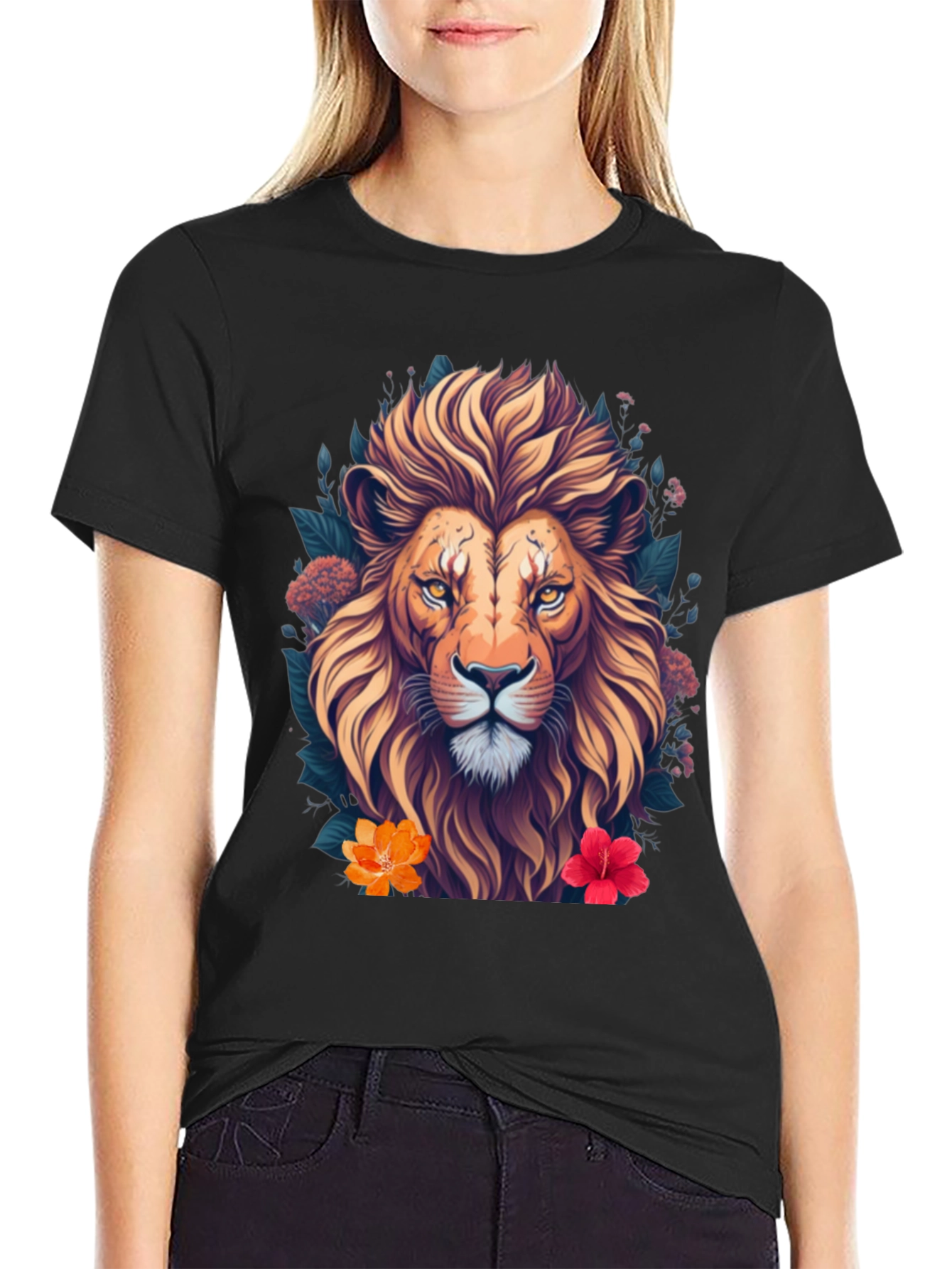 Black Lion Floral T-Shirt, Unique Graphic Tee view 2